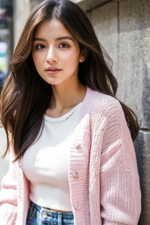 Please change this woman's clothing as follows. Her hairstyle is a ponytail, an orthodox white open-front blouse, and a thin pink cardigan.
The woman's occupation is a psychological counselor. Realistic, masterpiece, best quality