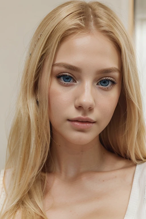 blond woman with blue eyes and a white top posing for a picture, beautiful blonde girl, gorgeous young model, portrait of a beautiful model, blonde hair and large eyes, blonde and attractive features, soft portrait shot 8 k, photo of a beautiful woman, a gorgeous blonde, sleek blond hair, young blonde woman, portrait sophie mudd, very beautiful young woman