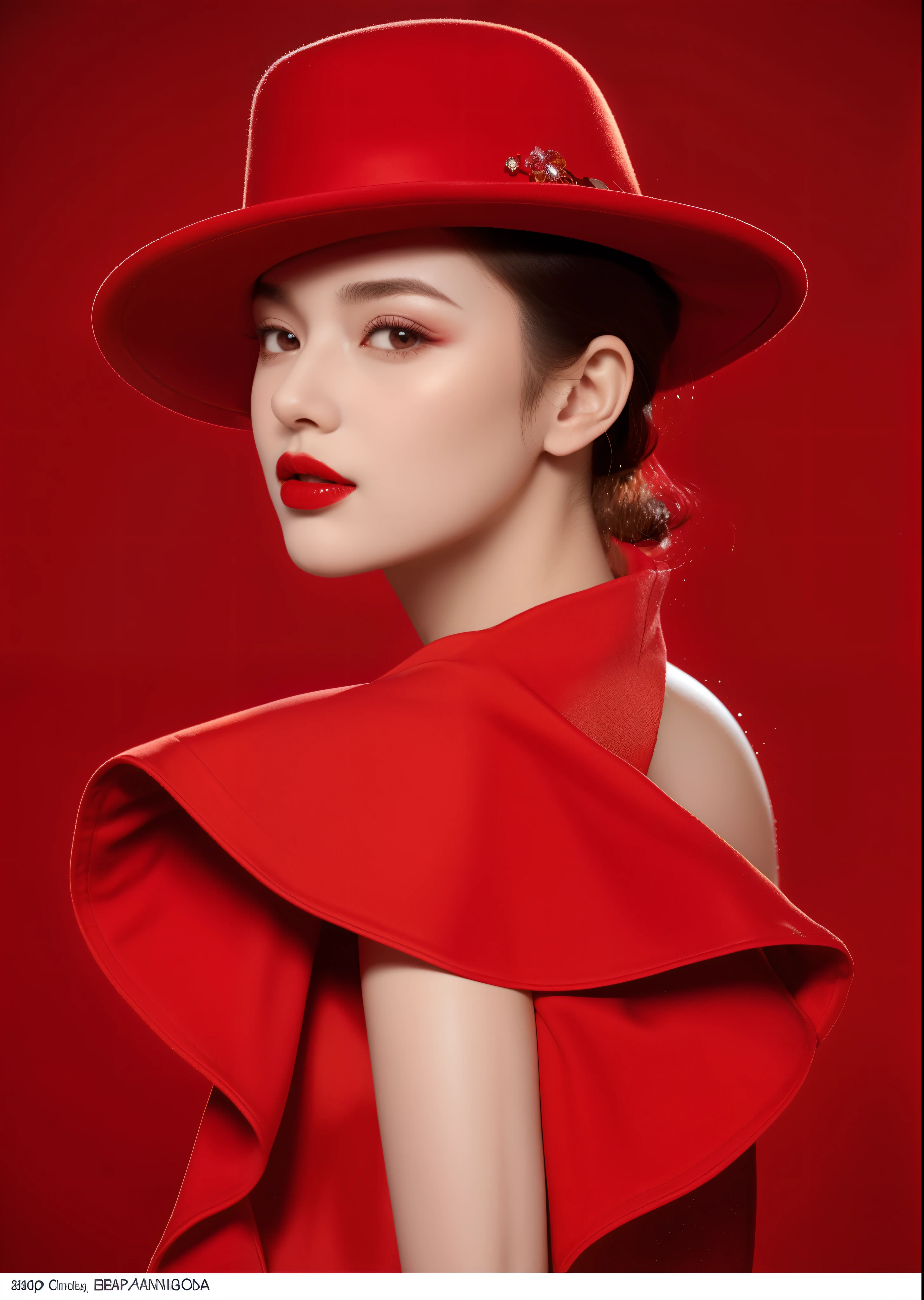 arafed woman in a Red hat and Red dress with a Red coat, Red hat, Red dress and hat, all Red, dominating Red color, wearing Red, monochromatic Red, Red clothes, bright Red lipstick, High end fashion shoot, in crimson Red, detailed. Red, rich Red colors, fine art fashion photography, Red adornments