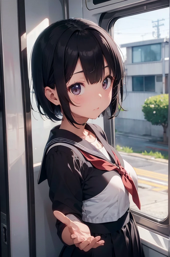 On the train、Short black hair、a beauty girl、a sailor suit、A large amount of milk is poured all over the body、a sailor suitに牛乳が付いている、hight resolution、high-level image quality