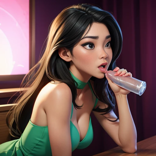 Asian in a tight green dress on her knees sucking , using her mouth to finish the job, fellatio, sucking, blowing, giving head, , bj, hand job, hj, breasts exposed, top less, breasts out, nipples, cum on face, cumslut, come on face, it is in her mouth, deepthroat, deep throat, deepthroating, cum all over her face, cum dribbling down her chin