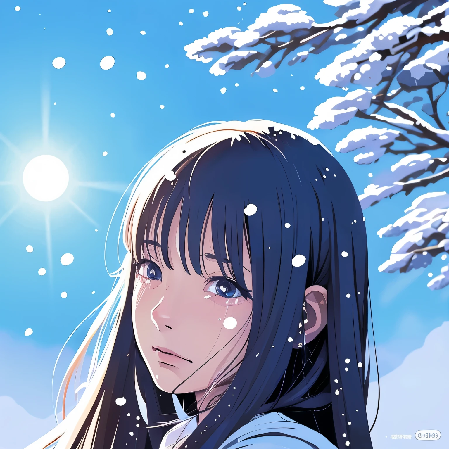Illustration style、Showa Anime、UkiyoeWoman、(Snow)、((Sensitive))、the morning sun、((Tears))