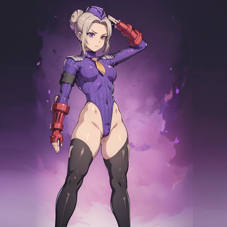 ultra-detailed, Explicit, Beautiful body, Beautiful Nose, Beautiful character design, perfect eyes, perfect face, ultra highres, 4K, beautiful legs, perfect legs, Nice hands, Perfect hand, Masterpiece, Best Quality, Highly detailed, illustration, absurdres, street fighter, doll suit, shadaloo doll, dollsuit, expressionless, blank eyes, looking at viewer, red gloves, emotionless, black latex, corrution, mind control, female combatant, full body, hypnotized, unhappy trance, full body suit, ribbed bodysuit, both arms at side, obey, perfect female body, extremely glossy latex, hypnosis, hypnoLora, empty eyes, Mind control device, poses, submissive_pose, Slave, hat, necktie, stand up straight, standing, standing at attention, hat, necktie, belt, latex, ribbed bodysuit, thighhighs, garter belt, Fighting Stance, extending the right arm from the shoulder into the air with a straightened hand, nazi saluting, military, military saluting, salute, thigh boots, 1girl, Grey hair, purple eyes, bun, purple ribbon, kiryu shino, kanojo mo kanojo