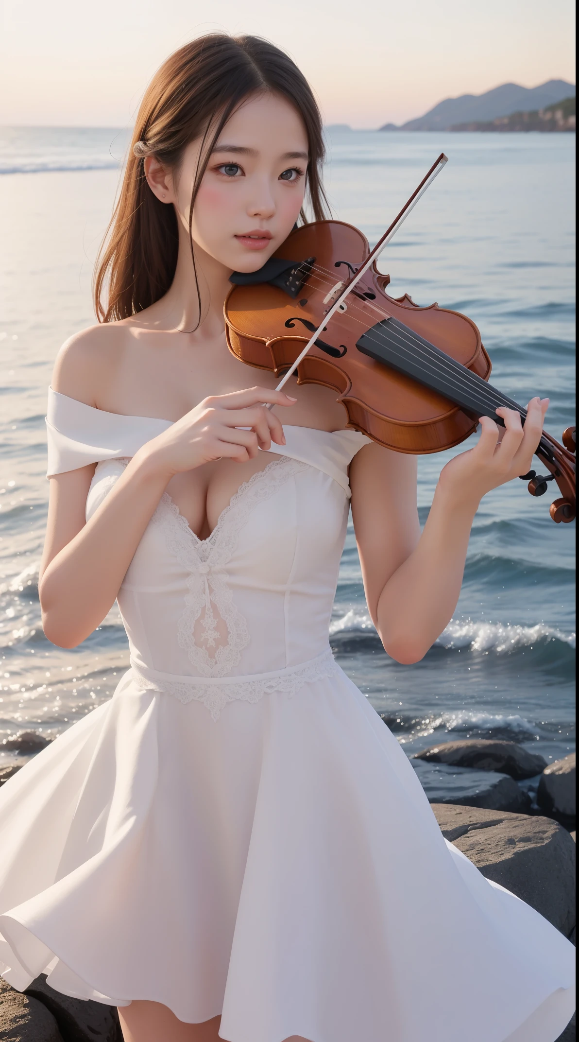 a beautiful girl playing violin in a white dress over the ocean magic, by wlop, artgerm