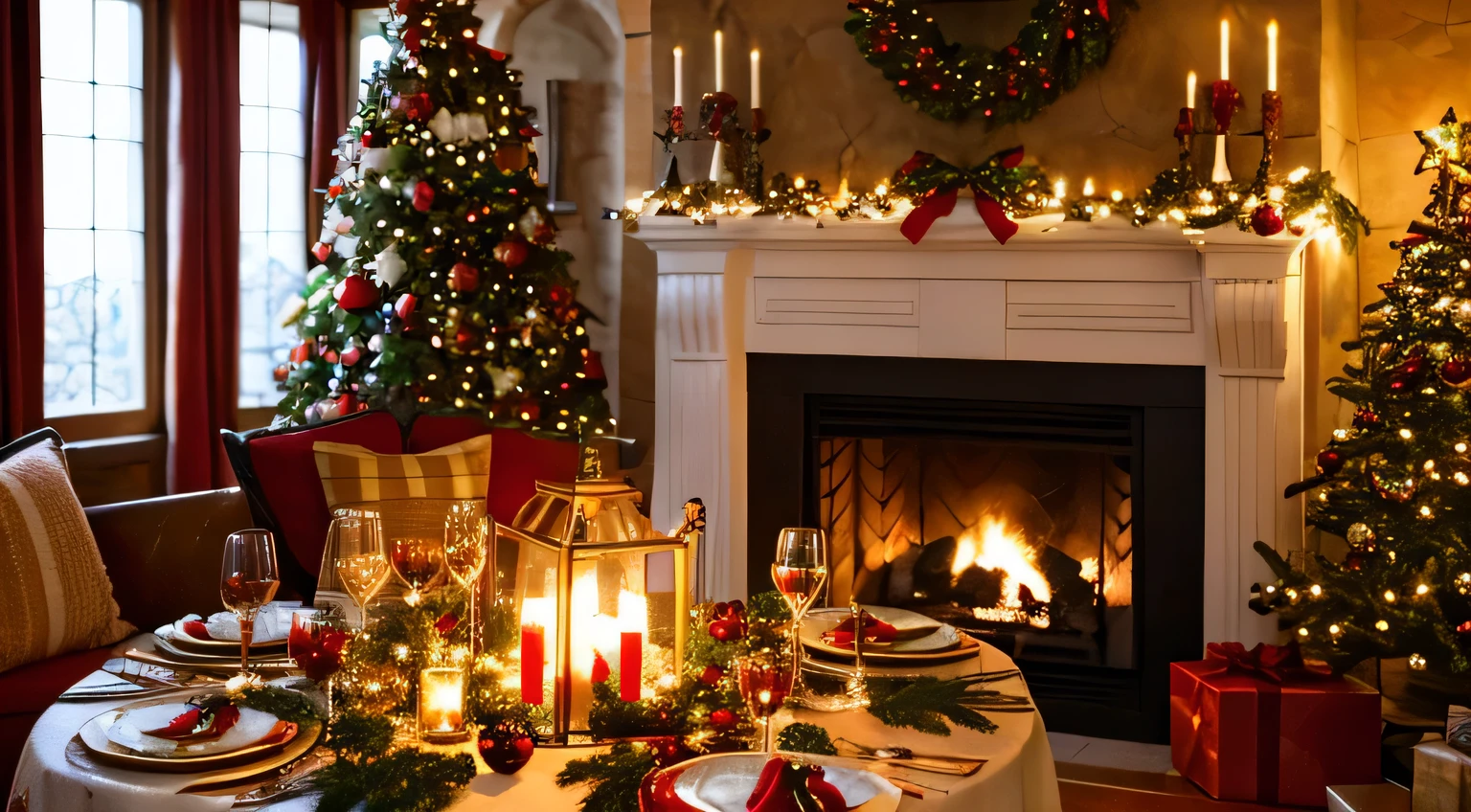 Real food with a Christmas atmosphere: Roast Chicken, Colorful vegetables, Freshly baked bread, On a candle-lit table near a richly decorated Christmas tree、Red wine poured into a sparkling glass. In the background, The flames in the fireplace flicker faintly, And it&#39;s snowing outside the window. The room is decorated with garlands and red and green ornaments, Creates a warm and rich Christmas atmosphere. All displayed in high quality, High Definition, 8K resolution."