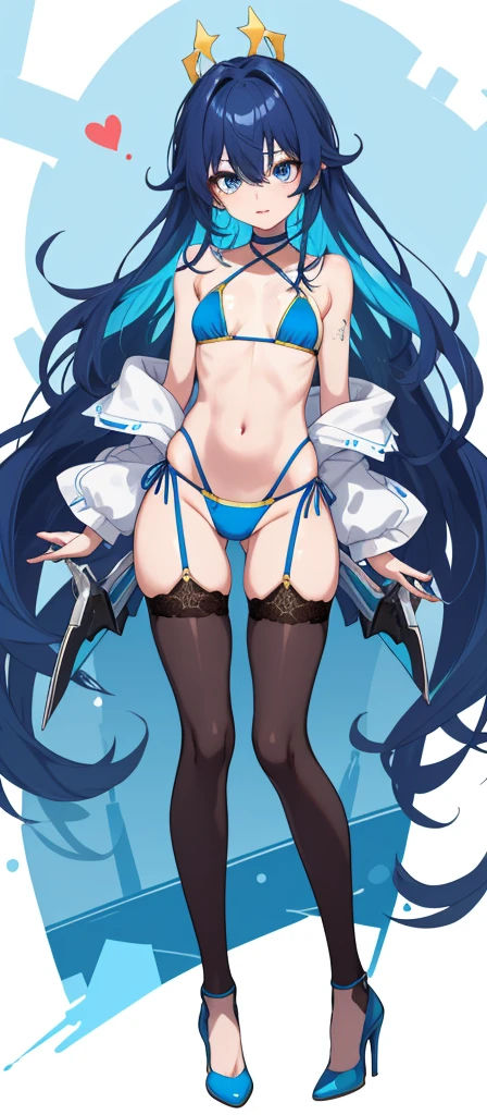 1boy、Delicate body, Thin body、Soft body、Fenboy、blow job 、long dark blue messy hair, wide and very bright blue eyes, hard disk, masutepiece, Vibrant, Red high heels, Micro Bikini Swimsuit, full-body view, dull eyelash stockings, Large male bulge, Bulge、 Protruding from the swimsuit、Excited