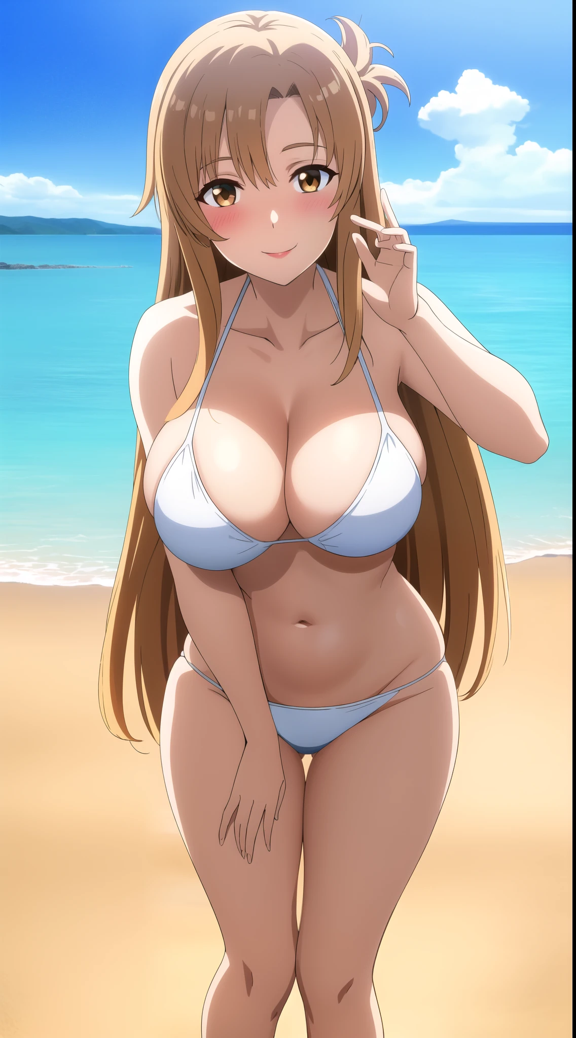 (best quality:1.5, highres, UHD, 4K, detailed lighting, shaders, perfect hand anatomy), asuna yuuki, light brown long hair, large breasts, thighs, crotch, white bikini, smiling, pov, blushing, beach background, standing