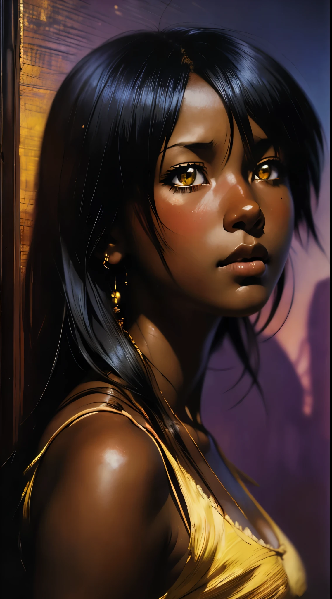 ((Solo Beautiful Carribean woman with dark skin and striking eyes)),  shadowed interior background, art by akihiko yoshida, manga art style, colorfield illustration, scary atmosphere, global illumination, by frank frazetta, art by goro fujita, glamor shot, banner, blur, anime key visual, (blue, yellow and gray colors), photorealistic,  dramatic, anime girl, ((african american features, ebony nose)) , black hair, intricately detailed, chiaroscuro, pino daeni, impressionist (best quality, masterpiece)