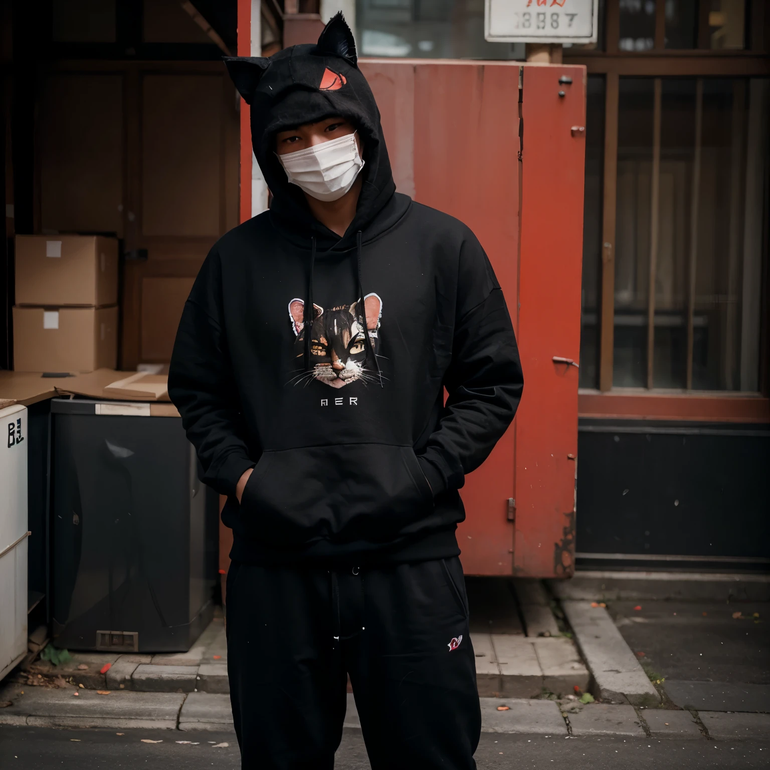 male in his 20s、Black hoodie、Red pants、cat mask、