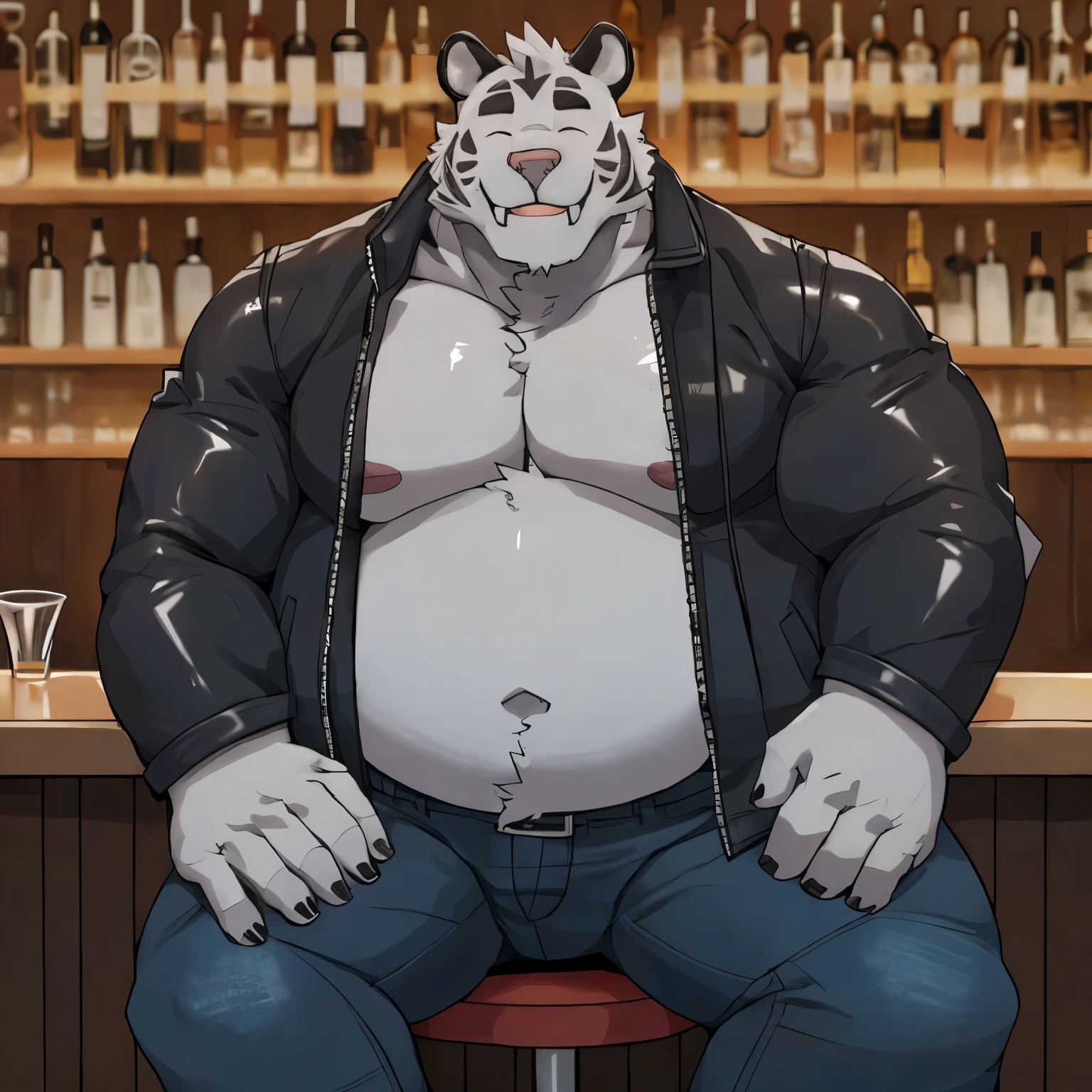 axel cosmas , solo, leather jacket, blue jeans, plump, huge, bar background, nipples, big belly, big ass, eyes shut, sitting on a seat, 5 fingers, musclegut body, lineart, normal eyes