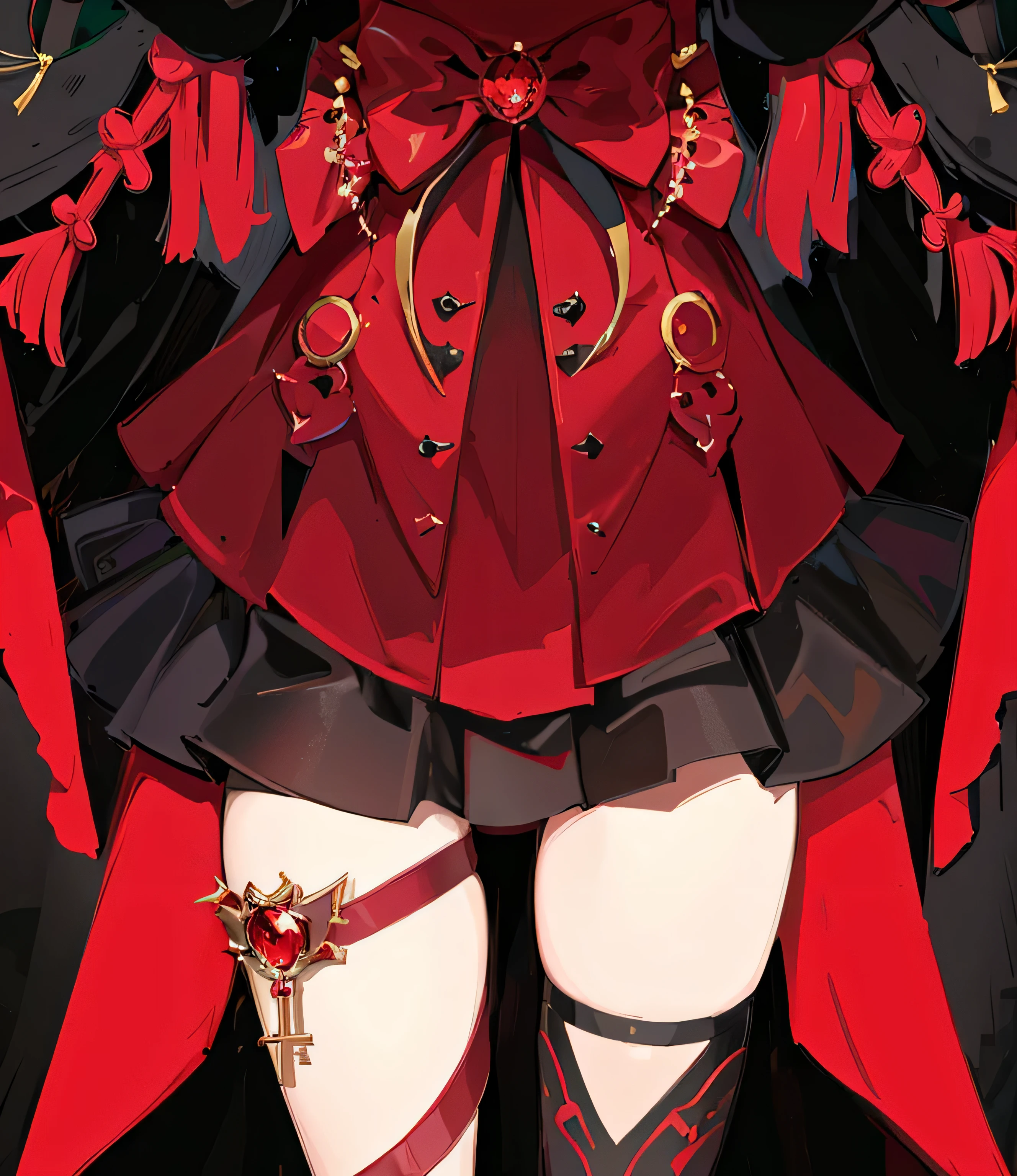 Anime style image of woman wearing red dress and black hat, Harusaka Rin, crimson attire, crimson themed, Gormo Adrian Grimdak, Very detailed and beautiful fan art, Makeup Gremory, Anime full body illustration, pathological complexity, Pixiv style, Detailed key animation art, Crimson clothes, An anime cover, Anime style similar to faay night,detail-rich,tmasterpiece,Clean shape,short skirt