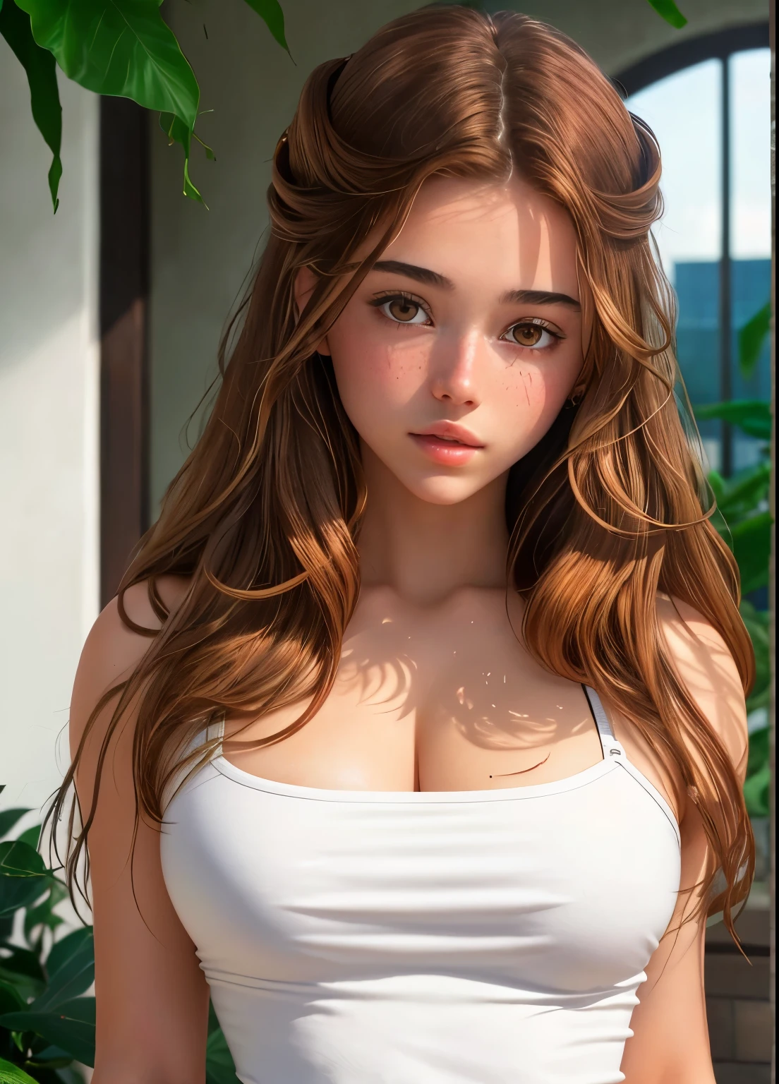 best quality, masterpiece, (realistic:1.2), 1 girl, brown hair, brown eyes,Front, detailed face, beautiful eyes scarlet johnsson big breast with plant hottest