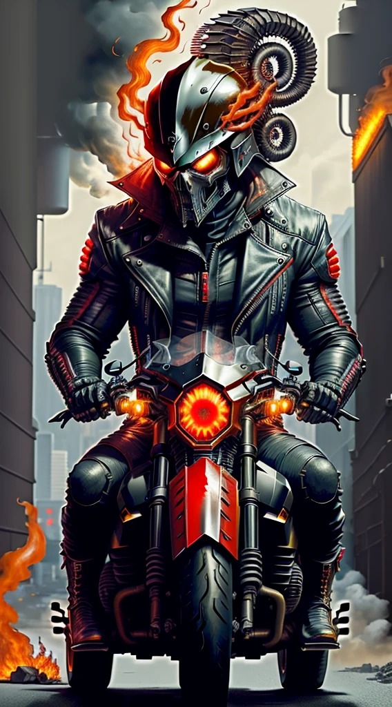 motorcycle rider with a helmet on and a red and black bike, cyberpunk flame suit, on fire, motorcycles, amazing fire art, motorbiker, ghost rider, sitting on cyberpunk motorbike, motorcycle, riding a futuristic motorcycle, intense flames, extreme sports photography, 8 k highly detailed, riding a motorcycle, red flames, flame thrower