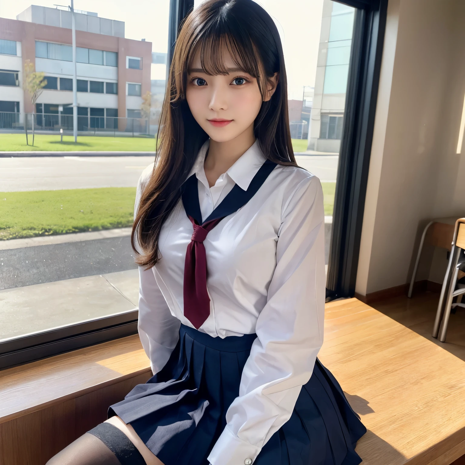 masterpiece、top-quality、The ultra -The high-definition、、colourfull、flat-colors、depth of fields、Lens Flare 1 Girl、、sitting on、A dark-haired、watching at viewers、schools、Classroom、Pleated mini-skirt、Take off your school uniform、serafuku、black pantyhose、Detailed feel、Detailed Cloth Texture、beautifull detailed face、30-year-old beauty、 atmosphere