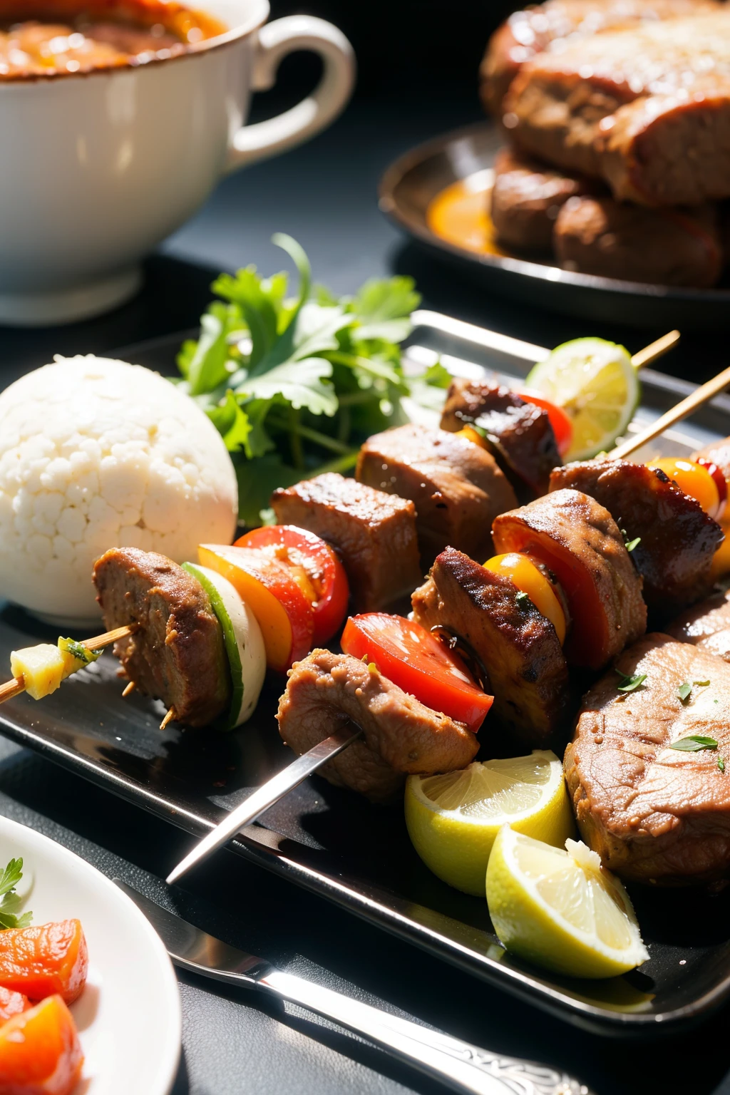 ((Best quality at best)), ((tmasterpiece)), (detailed),saucer，Lamb kebabs，Knives and forks