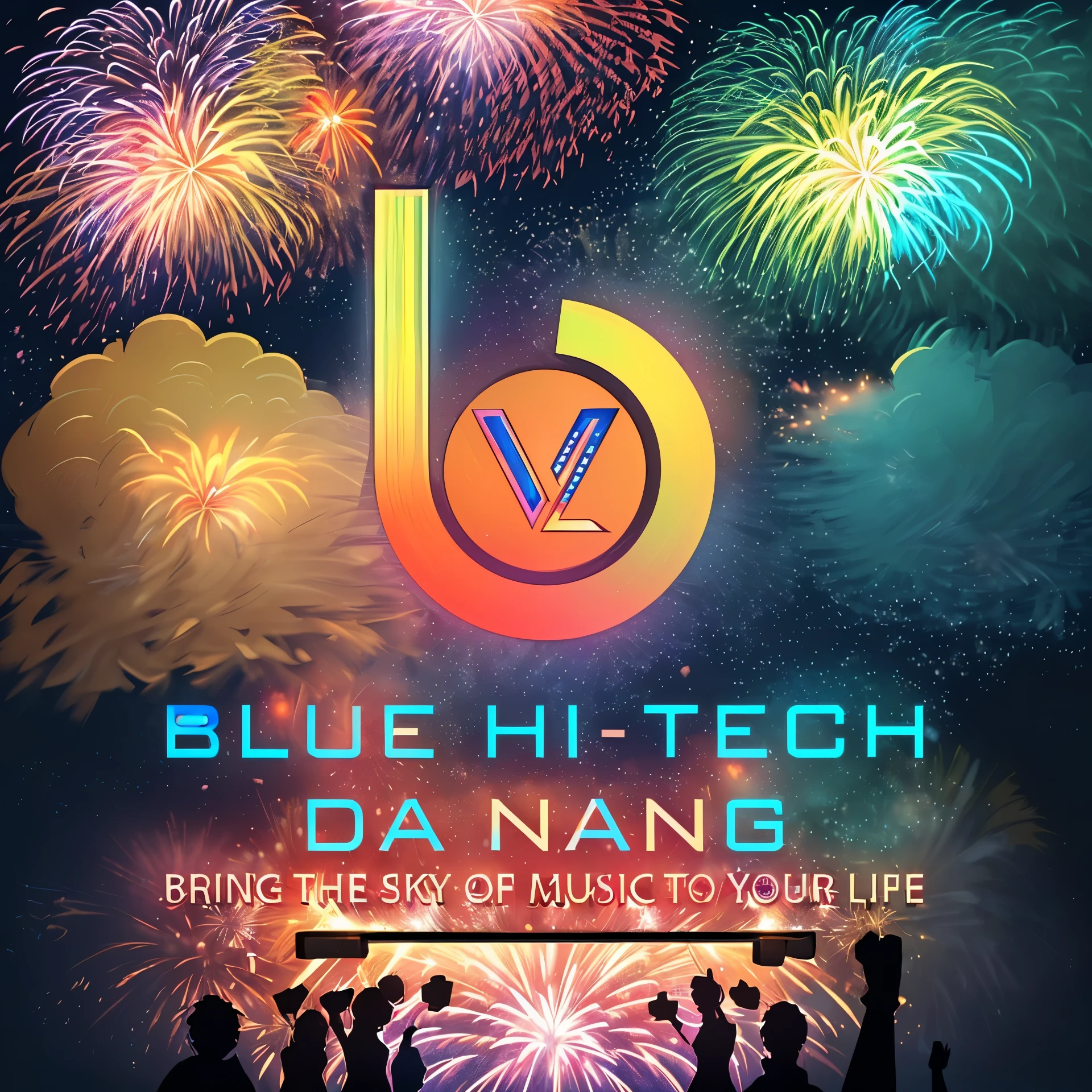 (happy new year, fireworks, bright tones, cheerful, wireless headphones, speakers), colorful illustrations, vibrant colors, festive atmosphere, dynamic light effects, intricate details, high resolution