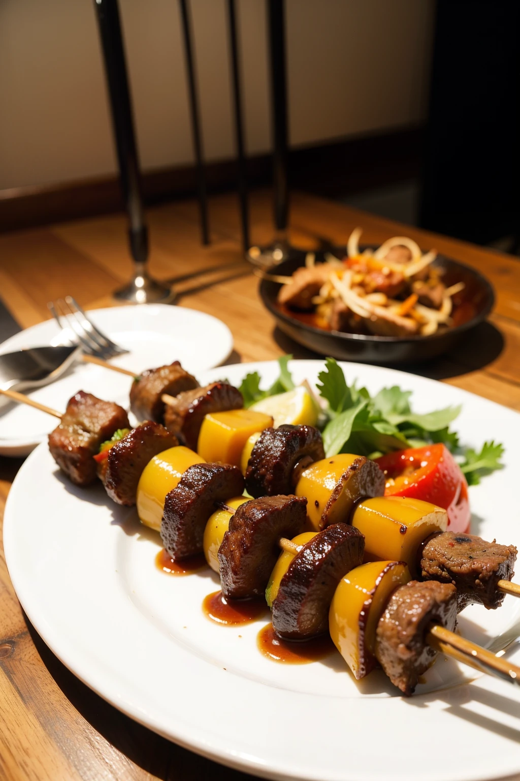 ((Best quality at best)), ((tmasterpiece)), (detailed),saucer,Lamb kebabs,Knives and forks,drinks