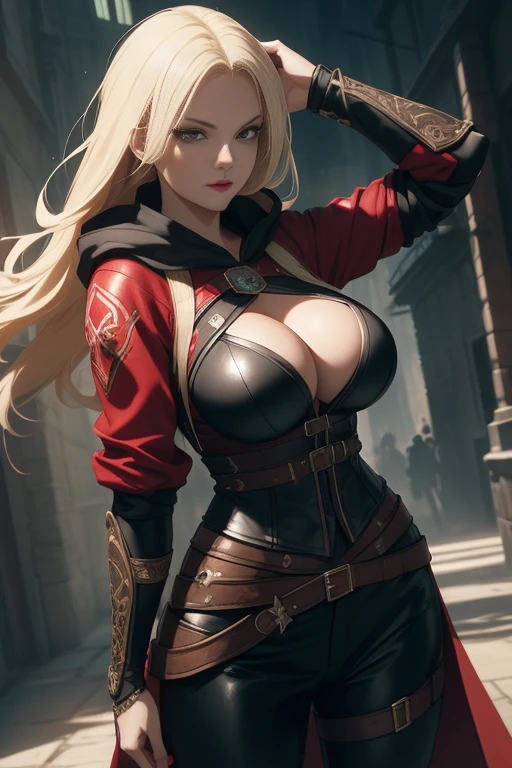 female assassin , Hunting, Medieval theme, Woman with straight long hair and red lipstick, ekaterina, professional photograpy, 30 year old female,a blond、 menacing look, Dynamic Poses, dynamic angled shot,From above, From below,
(((masutepiece))), ((Best Quality)), ((intricate-detail)), ((hyper realisitic)), A woman in an assassin costume、 Leather pants, corsets, hoody cloak、 (very large breast), bracers, pauldrons, Perspective, Highly detailed, Illustration、 Perfect hands, Detailed fingers, Beautiful detailed eyes, armor, Abstract background, nighttime scene ,fierce look, Looking at the viewer, From the front,