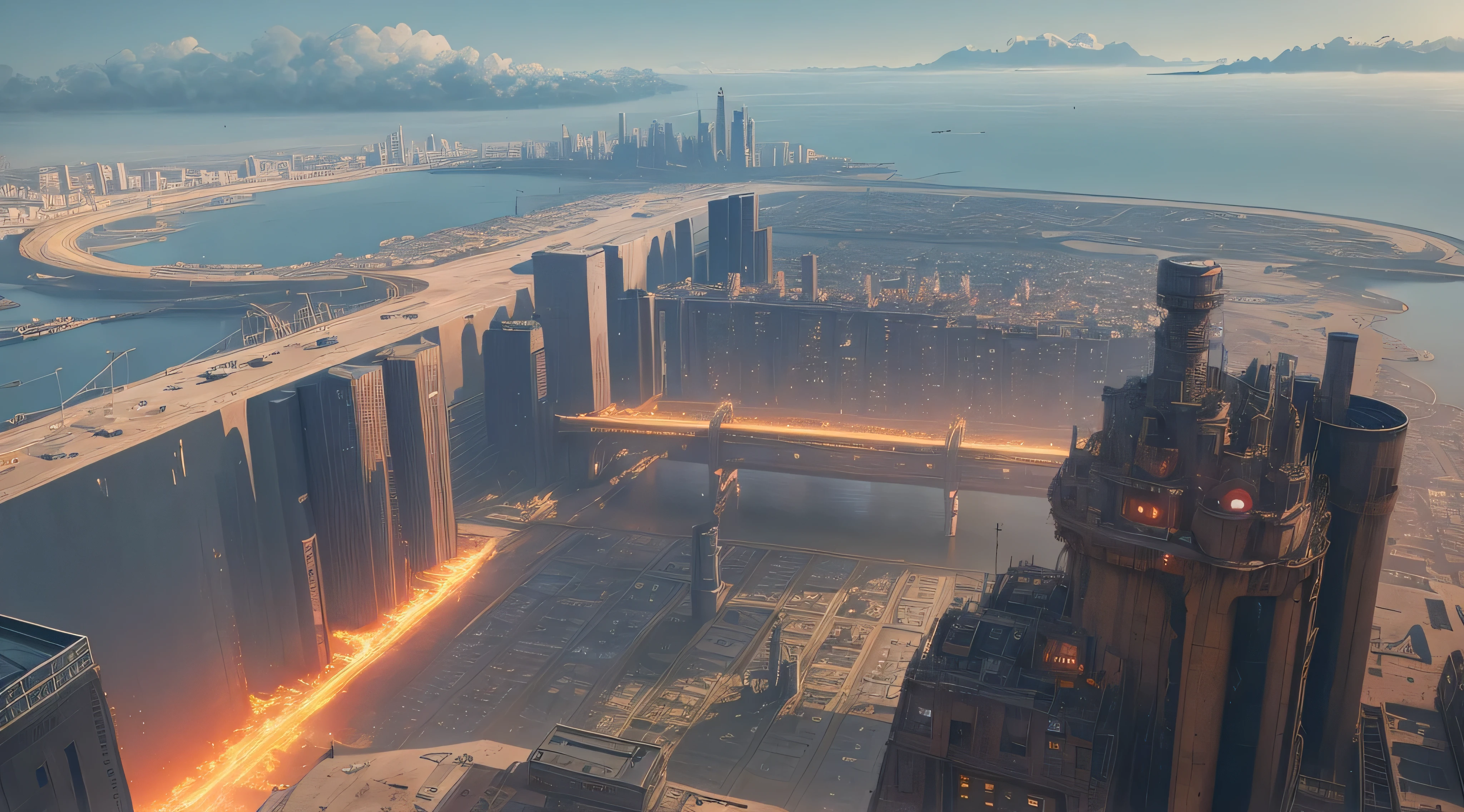 bird's eyes view,Sci-fi cyberpunk city,steel mill,trains,overcast day,industrial architecture,tmasterpiece,Best quality at best,high detal,hyper realisitc