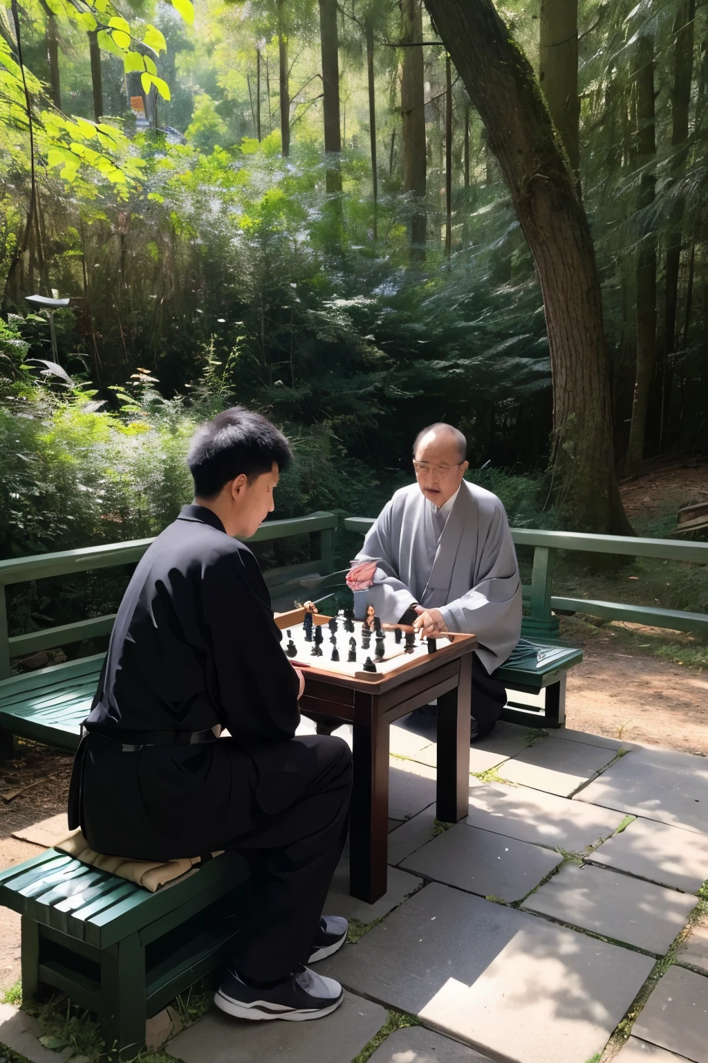 There is a graphite chessboard in the forest，Sitting on each side is a Chinese Taoist priest.，They sit on the stone bench，Chat while playing chess，Chinese style picture