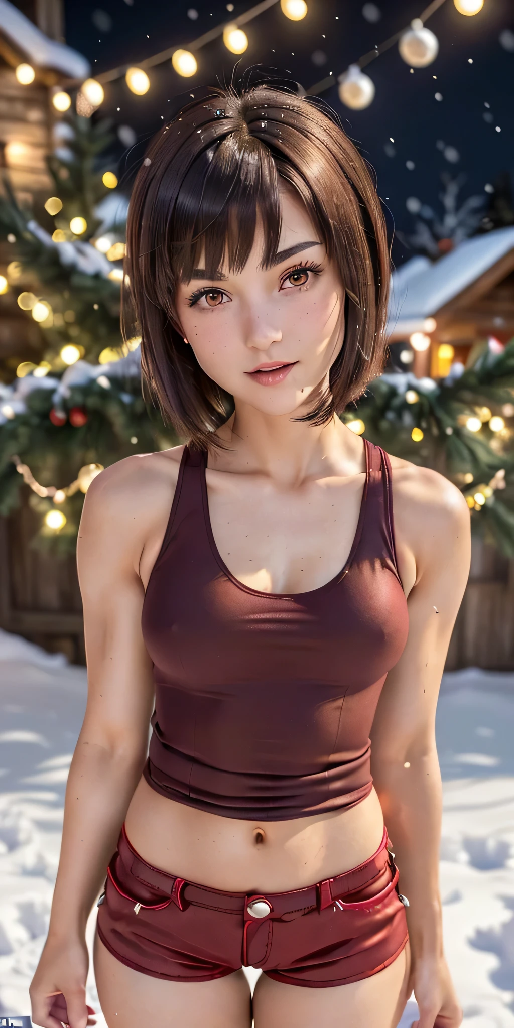 A woman in a red top and red shorts posing for a picture - SeaArt AI