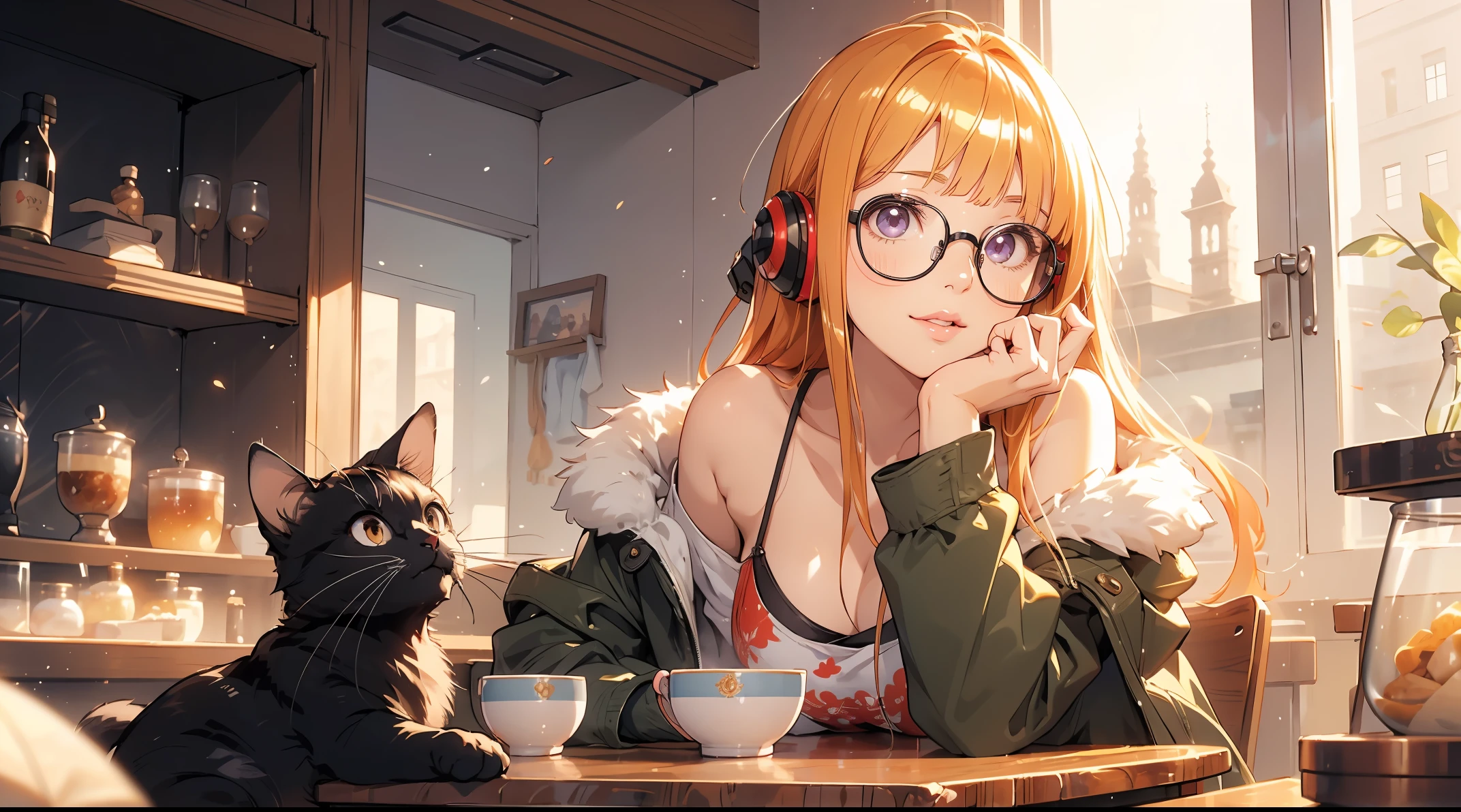 masutepiece, Best Quality, hight resolution, 1girl in, futaba sakura, Blunt bangs, eye glassesの, buraックフレームアイウェア, Ahoge,orange color hair、 small chest purple eyes、 eye glassesの, headphones,  bura, Jacket, off shoulders, Fur trim, fur-trimmed jacket, Green jacket, Shorts, ,the golden hour,A smile that showed teeth、1black cat、tea shop、On the counter、Coffee、futaba sakura、Purple eyes、orange color hair、eye glasses、,​masterpiece、top-quality、Official art、illustratio、ligne claire、(Cool_Color)、perfect-composition、focal、acurate, Anatomically correct、 、hight resolution, Beautiful detailed glow, masutepiece*Portrait, 3D Face, Realistic, (masutepiece: 1.3), (max resolution: 1.2), (Ultra HDTV: 1.2), cinematric light, 8K resolution, phi ,​masterpiece、top-quality、Ultra Detail、(((shiny lips: 1.4)))Beautiful face, acurate, Anatomically correct, phiAlways detailed face and skin texture, Detailed eyes, Double eyelids, tThin eyebrows、 pale skin, Lustrous skin all over the body, Perfect face,Always detailed face and skin texture, Detailed eyes, Double eyelids, Thin eyebrows,Natural cheeks, Glossy skin, Fair skin: 1.2, (Glossy lips: 1.4), (((最高にbeautiful a girl)))、(((beautiful a girl)))、（little blush）、（Beautiful face）、
Delicate and beautiful hair, Delicate and beautiful eyes and face, (Beautiful gorgeous cute western woman:1.3),)(((Very Beautiful face))))(((long lashes))))(((Circular twinkling eyes)))(((Glossy and glossy lips)))
(((Cheeks with a slight reddish tinge:0.8)))(((Neat and straight nose bridge)))、(((Cowboy Shot)))crouching cowgirl,