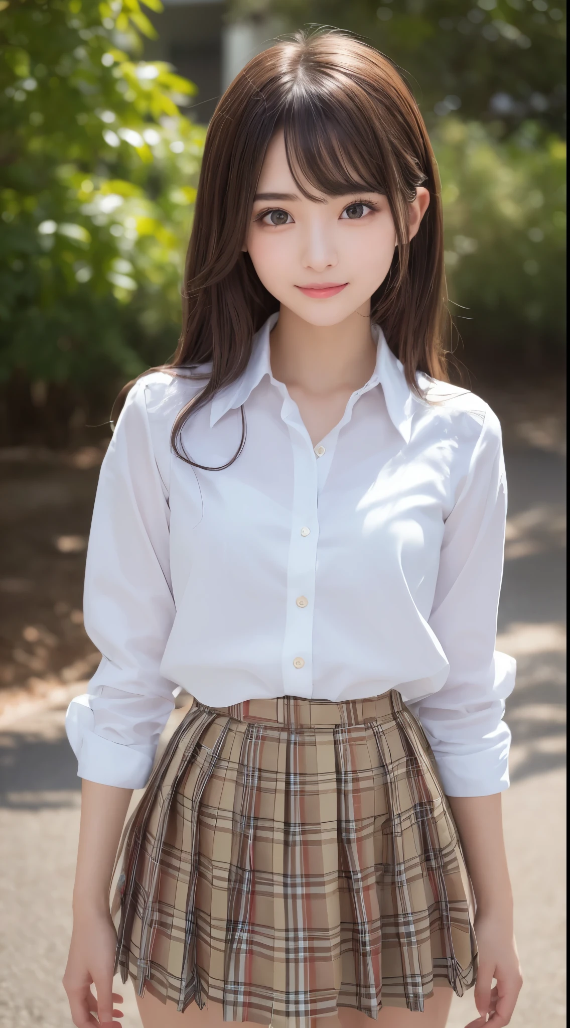 bamboo forrest,ssmile、Original photography、(((ultimate beauty portrait)))、((glistning skin))、1 girl、Beautiful 20 year old girl from Prague、bright expression、((Brown hair)))、(Plaid pleated skirt:1.5)、((Big eyes sparkling like gems))、Cardigan shirt、Open your clothes、lace hose、Skin glows、(Medium hair)、(silk ponytail)、(everlasting)、eyeline、beautiful bangs、hair between eye、((tmasterpiece、quality、ultra - detailed、movie light lighting、Complicated details、A high resolution、The content is very detailed))、Background with、8 gourde、Digital SLR、gentlesoftlighting、高quality、filmgrain、XT3 、shallowdepthoffield、Natural soft light、Shang Ming、plump bust