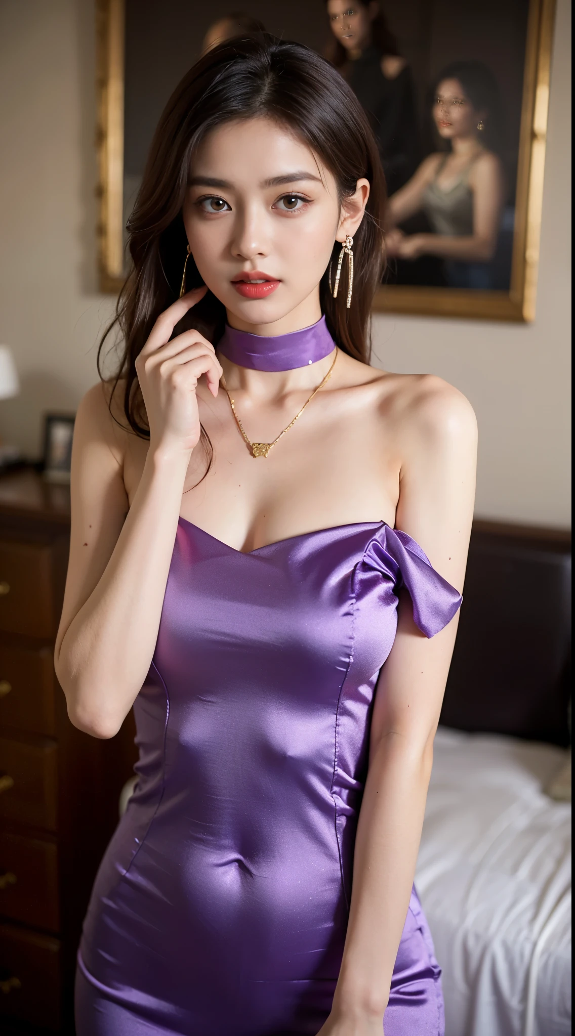 (Best Quality, Masterpiece, Photo realistic, Ultra Detailed, ultra high res, raw:1.perfect body, 1girl, parted lips, red lips, glitter eyeliner:1.4, upper body closeup, bedroom, japanese, 20years old, navel, shiny purple dress, laces, white skin, cute, messy hair, purple choker, ruby necklace, shoulder length luxury earings, looking at the viewer, gold eyes,red hair
