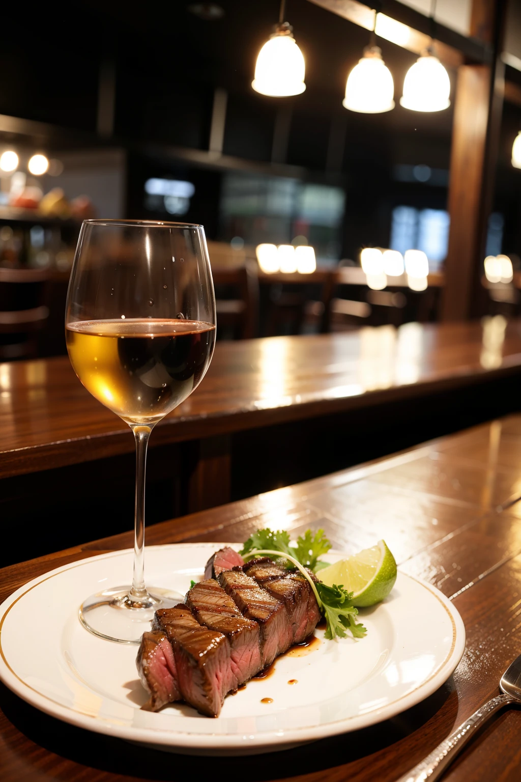 ((Best quality at best)), ((tmasterpiece)), (detailed),Restaurant,saucer,steak,Knives and forks,wineglass