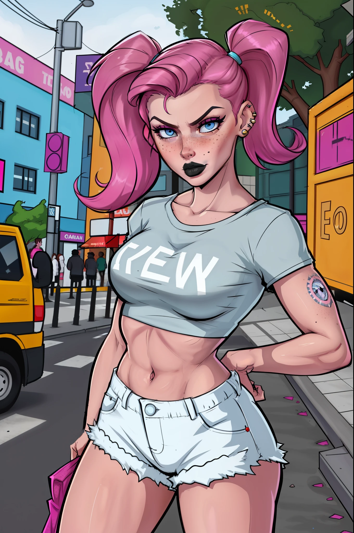 Close up of an  supermodel woman face, at a busy cluttered city street background, daytime, pale blue eyes, detailed short pink hair with pigtails and shaved sides haircut, freckles, blushing, pouting expression, single eyebrow raised, eye shadow, black lipstick, pierced eyebrow, big tits, wearing a loose baggy tshirt crop top, looking to the side, comic book style, flat shaded, prominent comic book outline linework