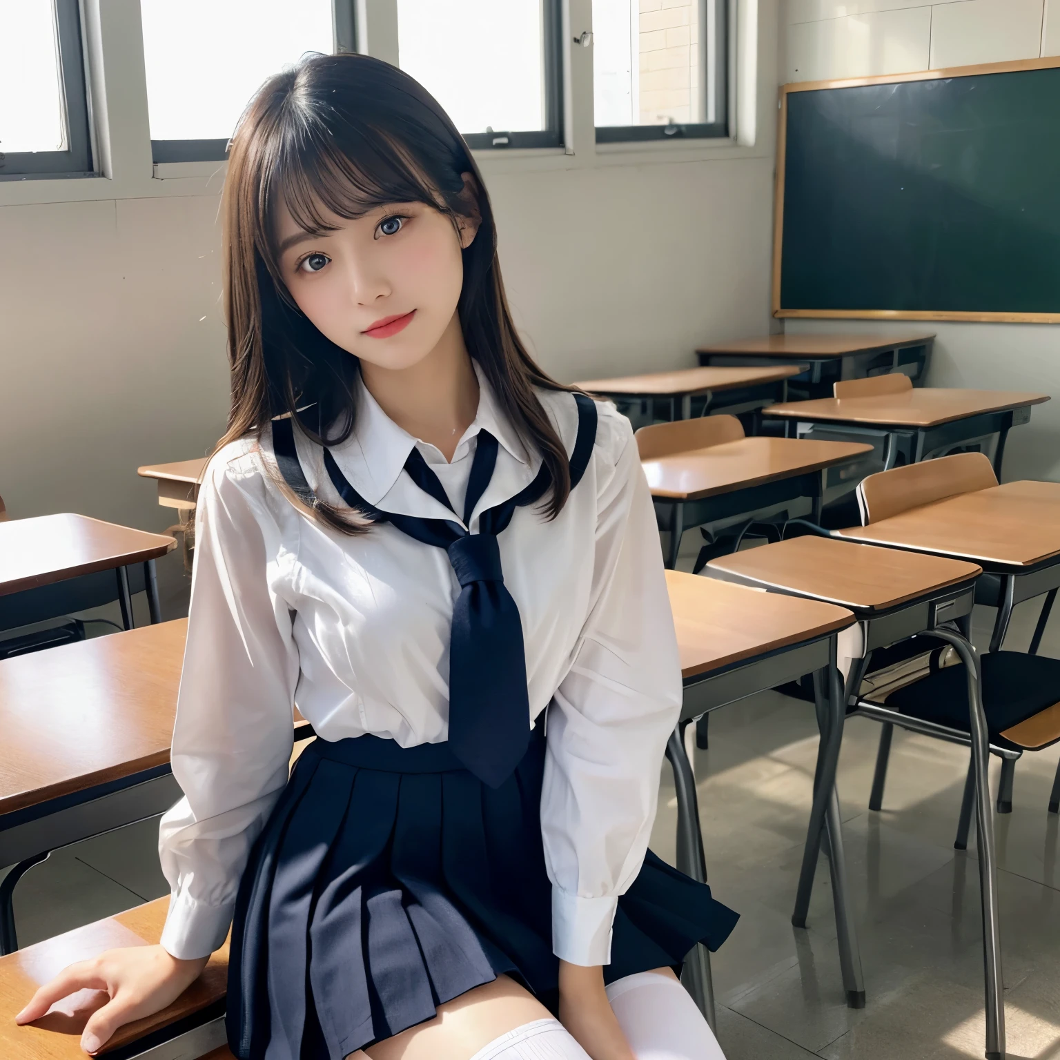 masterpiece、top-quality、The ultra -The high-definition、、colourfull、flat-colors、depth of fields、Lens Flare 1 Girl、、sitting on、A dark-haired、watching at viewers、schools、Classroom、Pleated mini-skirt、Take off your school uniform、serafuku、black pantyhose、Detailed feel、Detailed Cloth Texture、beautifull detailed face、30-year-old beauty、 atmosphere
