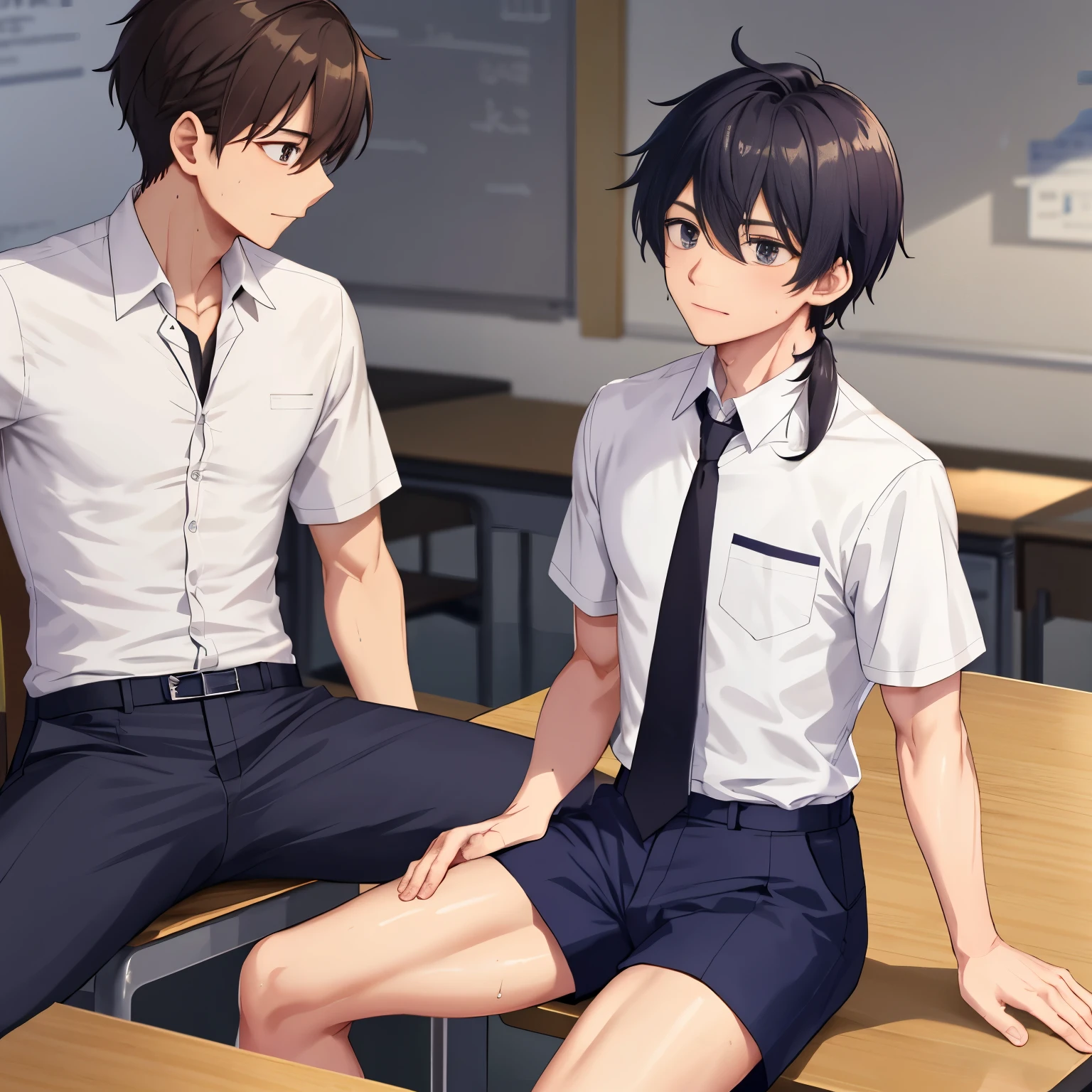 Male students、校服、male people、Short sleeve shirt、Abs visible on the shirt、slightly noticeable arm muscles、dripping with sweat、A dark-haired、Long pants、neck tie、sit on desk