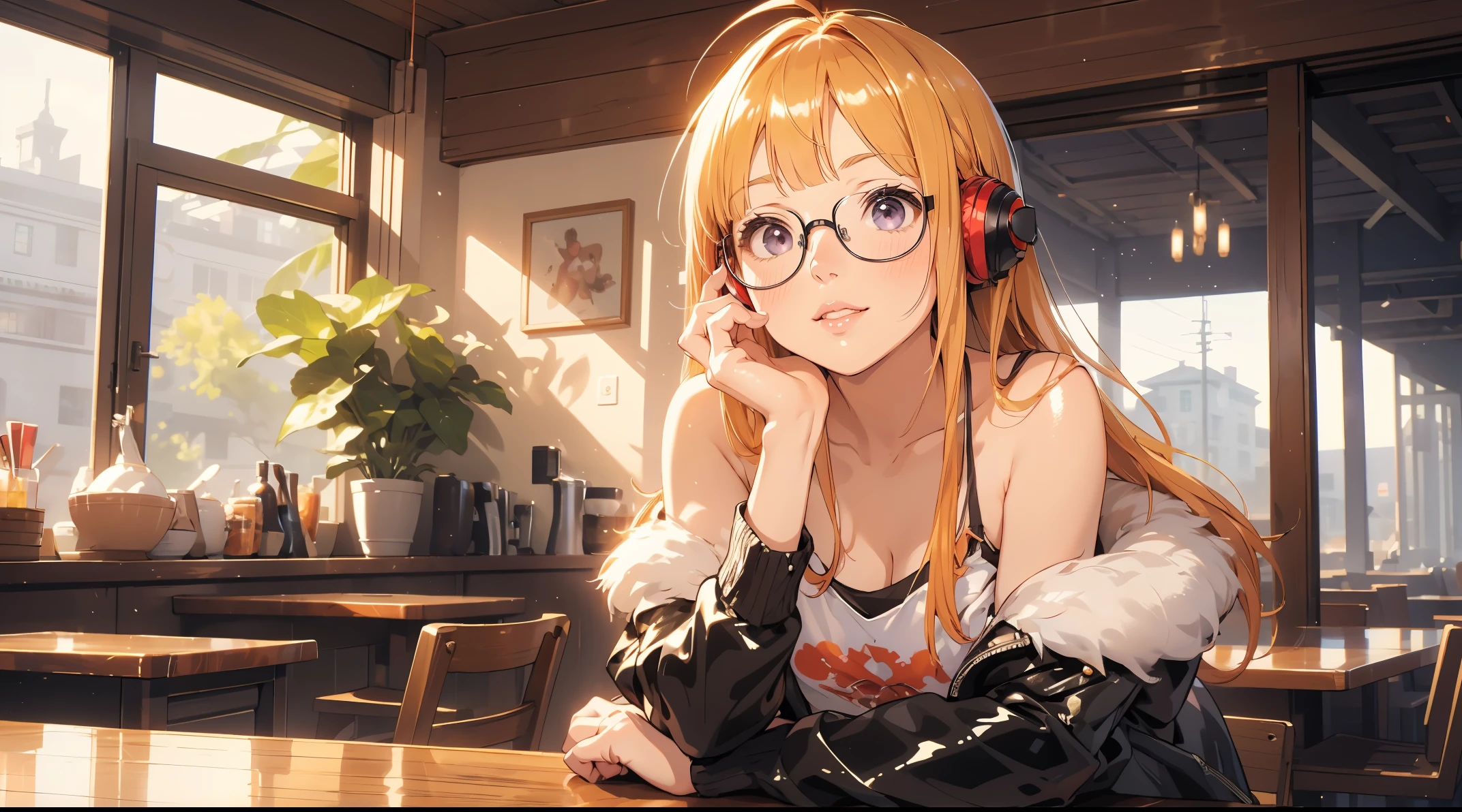 masutepiece, Best Quality, hight resolution, 1girl in, futaba sakura, Blunt bangs, eye glassesの, buraックフレームアイウェア, Ahoge,orange color hair、 small chest purple eyes、 eye glassesの, headphones,  bura, Jacket, off shoulders, Fur trim, fur-trimmed jacket, Green jacket, Shorts, ,the golden hour,A smile that showed teeth、1black cat、tea shop、On the counter、Coffee、futaba sakura、Purple eyes、orange color hair、eye glasses、,​masterpiece、top-quality、Official art、illustratio、ligne claire、(Cool_Color)、perfect-composition、focal、acurate, Anatomically correct、 、hight resolution, Beautiful detailed glow, masutepiece*Portrait, 3D Face, Realistic, (masutepiece: 1.3), (max resolution: 1.2), (Ultra HDTV: 1.2), cinematric light, 8K resolution, phi ,​masterpiece、top-quality、Ultra Detail、(((shiny lips: 1.4)))Beautiful face, acurate, Anatomically correct, phiAlways detailed face and skin texture, Detailed eyes, Double eyelids, tThin eyebrows、 pale skin, Lustrous skin all over the body, Perfect face,Always detailed face and skin texture, Detailed eyes, Double eyelids, Thin eyebrows,Natural cheeks, Glossy skin, Fair skin: 1.2, (Glossy lips: 1.4), (((最高にbeautiful a girl)))、(((beautiful a girl)))、（little blush）、（Beautiful face）、
Delicate and beautiful hair, Delicate and beautiful eyes and face, (Beautiful gorgeous cute western woman:1.3),)(((Very Beautiful face))))(((long lashes))))(((Circular twinkling eyes)))(((Glossy and glossy lips)))
(((Cheeks with a slight reddish tinge:0.8)))(((Neat and straight nose bridge)))、(((Cowboy Shot)))crouching cowgirl,