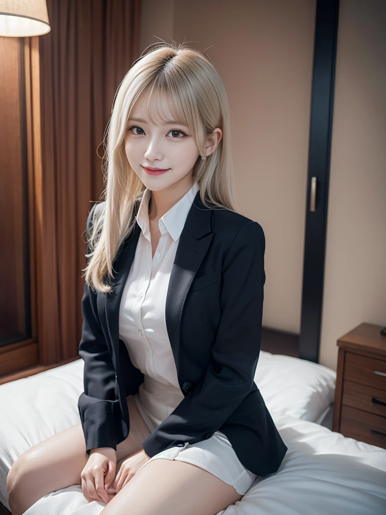 (NSFW),(Business suits), full body Esbian, masutepiece, Best Quality, 1girl in, (Colorful),(Delicate and beautiful eyes and face),Smile, volumematic light, Ray tracing, FULL BODYSHOT ,the Extremely Detailed CG Unity 8K Wallpapers,Solo,skyporn, blue skyporn, The background is a dark bedroom,sit actively on the bed, sexypose,Windy, magic sparks, White hair