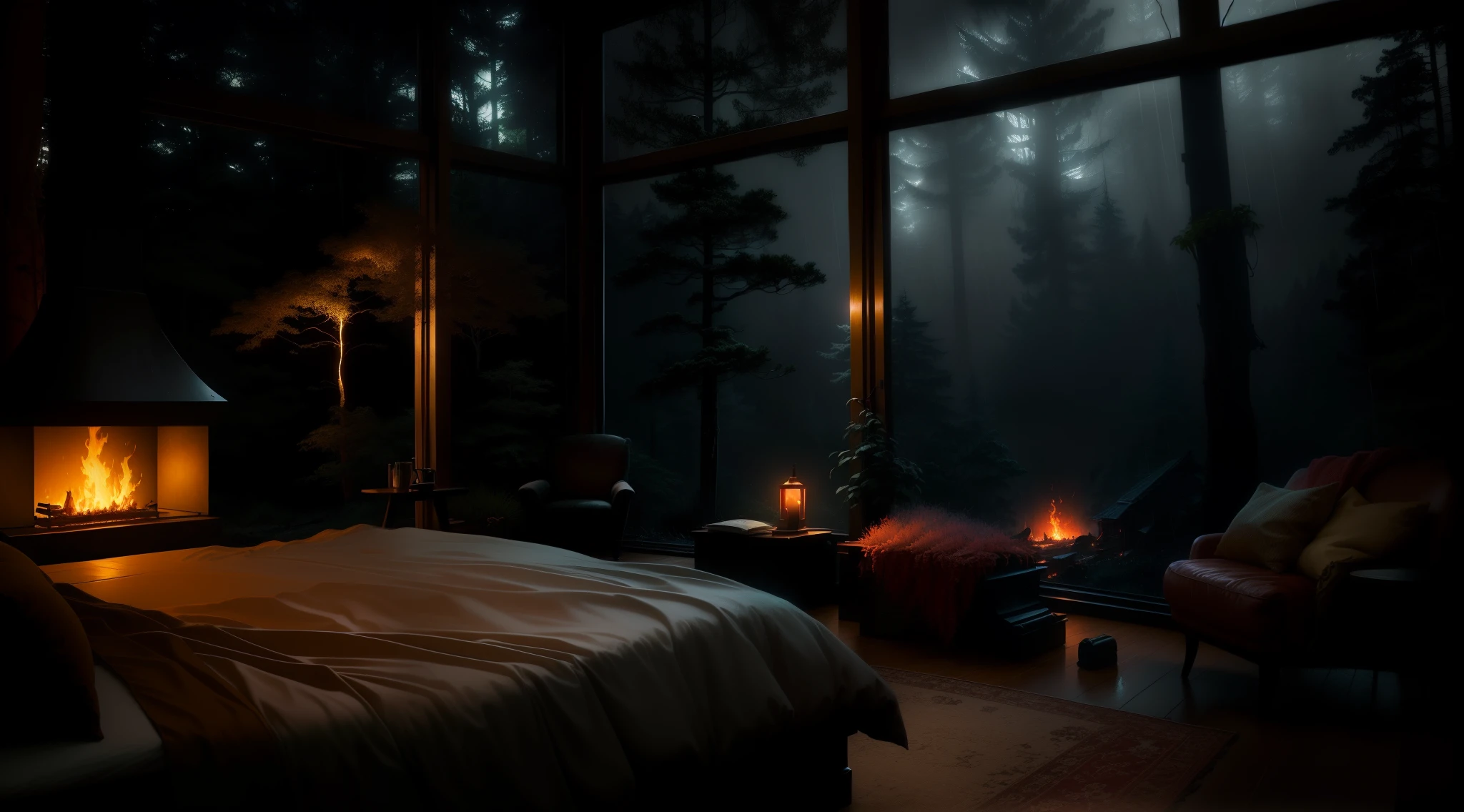 Bedroom view with fire in the fireplace in the room, large windows overlooking the forest, quiet night. original image, rainy day. original rendering, rainy night, gloomy cinematic lighting, atmosphere. digital painting, moody cartoon scenes, dramatic lighting. concept art, atmospheric shots, gloomy weather. hyperrealistic, atmospheric rendering, rainy night, huge forest, atmospheric and sandy details, beautiful and cinematic lighting, rainforest
