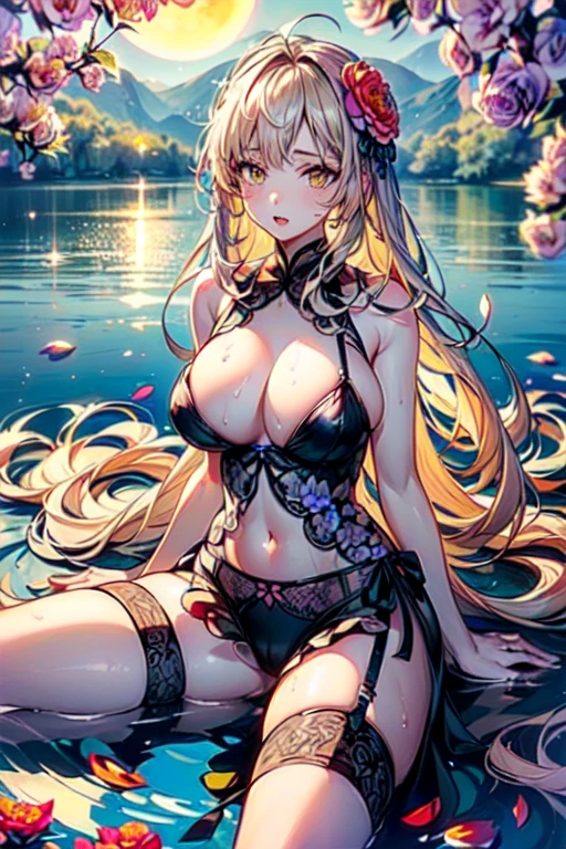 ((Finest quality)),(超A high resolution),(Ultra-detailed細),(Meticulous portrayal),((the most picturesque works of art),Ultra-Precision Art,The art of astounding depiction,Fantasyart:1.5, ((((Beautiful flowers々:1.5))), ((Body eroded by flowers:1.3)),(Glamorous body:1.3),fancy background effects、masterpiece、Fancy details、(NSFW 1.1), ((1girl in)), ((masutepiece)), ((Highly detailed:1.3)), In crystal clear water,beautiful woman entering the lake, ((long yellow hair)), Wet hair, Wearing a light transparent dress, clothed bathing, steam, (many petals floating on the lake:1.8), Early morning light, Ivory Gold AI, windows, Crepscular lighting, 、Lace sheer underwear、very very gigantic boobs、Transparent pink nipples、Transparent pink areola、lace and string shorts.、princess carry,Sexy lingerie with lace and strings,See-through sexy lingerie,Transparent lingerie、translucent dress、pearlsescent、pearls、Sexy Harness、Sexy garter belt、Sexy Stockings、Well equipped,intimate, rose garden、Multicolored roses、lake with floating roses、Lying down、Open legs、Spread your legs、Open thighs、Immersion in water、Wet body、splash water、gorgeous flower decoration、big flowers、stylish hair、Moon, lantern, Night, Solo, playing in the water, Water, hair flower, flower, Outdoors, skyporn, full Moon, Rain, lantern, wet clothes, skyporn, wet hair (((masutepiece),(the Extremely Detailed CG Unity 8K Wallpapers),Best Quality,Cinematic lighting,Detailed background,Beautiful detailed eyes,Bright pupils, (extremely delicate and beautiful),(Beautiful and detailed eyes description), Ultra-detailed,masutepiece,)),((Yellow eyes))、