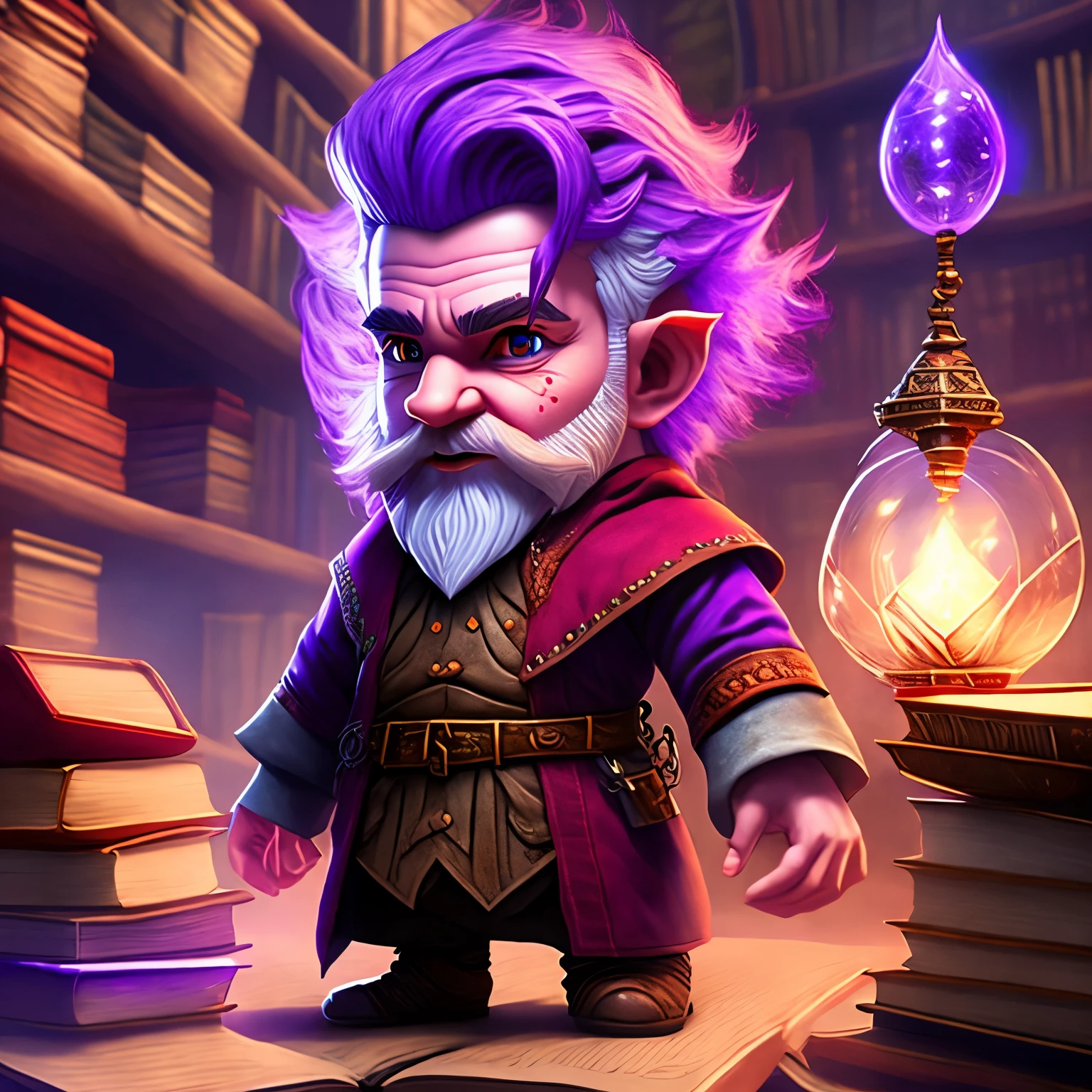 male, young pale gnome wizard, researcher, in a library, professor, red clothes, purple hair, insane