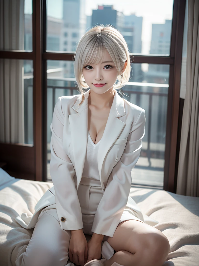 (Business suits), full body Esbian, masutepiece, Best Quality, 1girl in, (Colorful),(Delicate and beautiful eyes and face),Smile, volumematic light, Ray tracing, FULL BODYSHOT ,the Extremely Detailed CG Unity 8K Wallpapers,Solo,skyporn, blue skyporn, The background is a dark bedroom,sit actively on the bed, sexypose,Windy, magic sparks, White hair