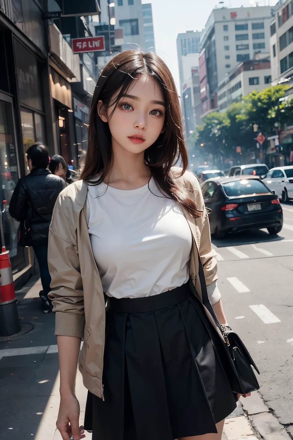 a photo, a girl who was standing in the city, Jakarta city, city streets, busy city atmosphere, early morning, girl, long black hair, green eyes, thin face, wearing a white t-shirt, Wear a light brown jacket, long blue skirt, high resolution