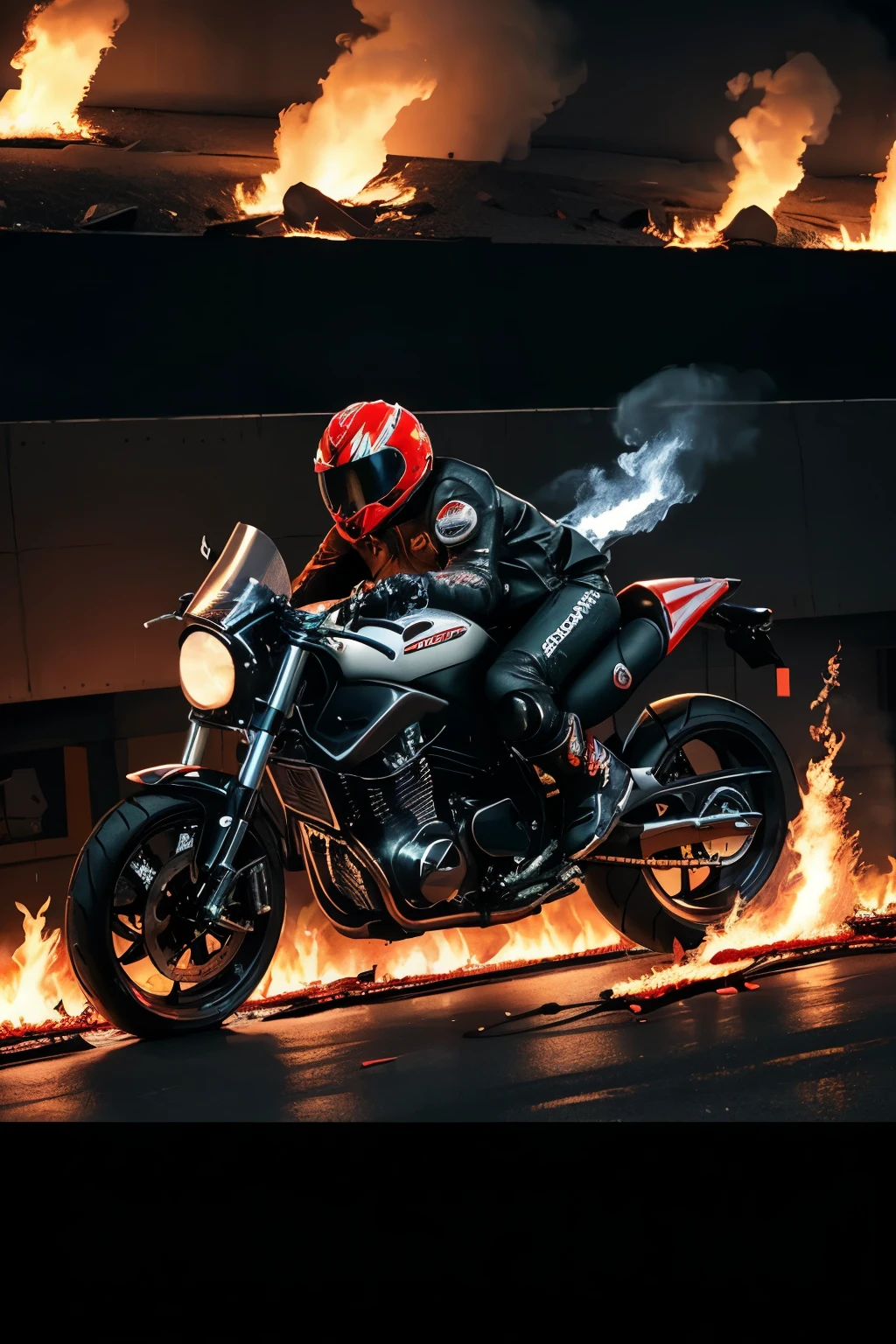 motorcycle rider with a helmet on and a red and black bike, cyberpunk flame suit, on fire, motorcycles, amazing fire art, motorbiker, ghost rider, sitting on cyberpunk motorbike, motorcycle, riding a futuristic motorcycle, intense flames, extreme sports photography, 8 k highly detailed, riding a motorcycle, red flames, flame thrower