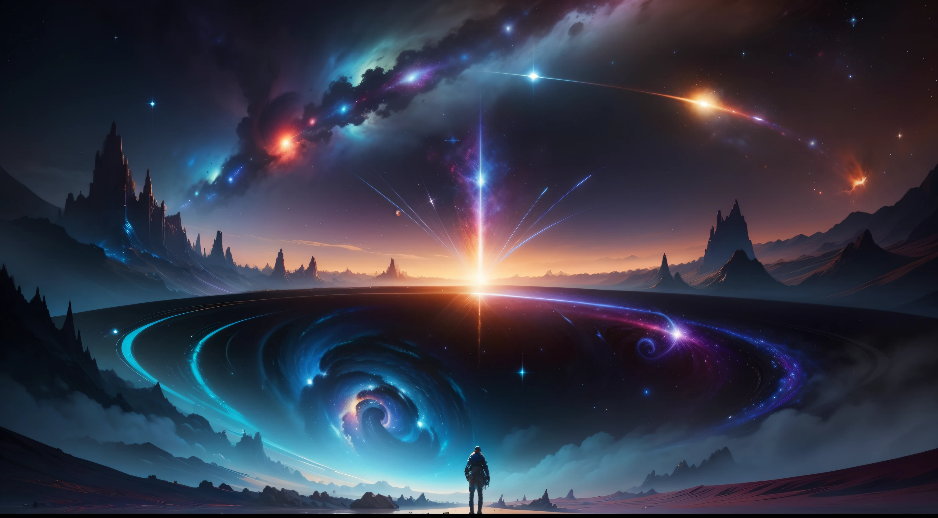 A vibrant and captivating piece，Depicts the creation of the universe. Not centered, The dizzying explosion of colors and light represents the Big Bang, The magical moment when it all began. Runt, Spiral galaxy formation, stars shining bright，The planets are arranged in perfect harmony. The images convey the grandeur and scale of the universe, While inviting the audience to immerse themselves in a universe of mystery and discovery. Get ready for an epic journey through time! Click here，Embark on this cosmic adventure!]