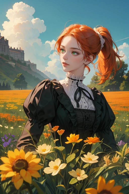 masterpiece, best quality, realistic, 1woman, mature female, beautiful, 25 years old, extremely detailed face, ((green eyes)), ((long red-orange hair, ponytail hairstyle)), , citizen, ((wearing victorian town outfit)), cinematic lighting, looking at the audience, posture dynamics, Victorian era, detailed eyes, detailed face, high quality image, expression: happy, meadow, mountainside, trees, flowers, deer in the background, blue sky, clouds