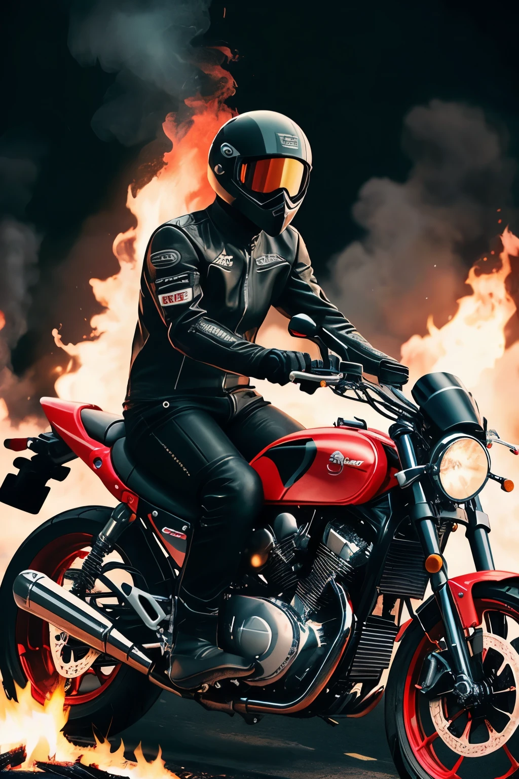 motorcycle rider with a helmet on and a red and black bike, cyberpunk flame suit, on fire, motorcycles, amazing fire art, motorbiker, ghost rider, sitting on cyberpunk motorbike, motorcycle, riding a futuristic motorcycle, intense flames, extreme sports photography, 8 k highly detailed, riding a motorcycle, red flames, flame thrower