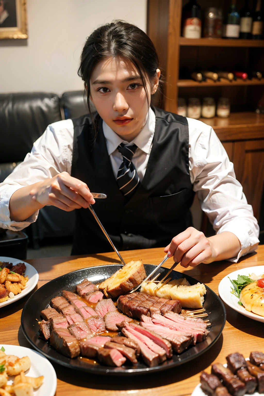 ((Best quality at best)), ((tmasterpiece)), (detailed),male member，BBQ skewers，saucer，steak，Knives and forks，wineglass