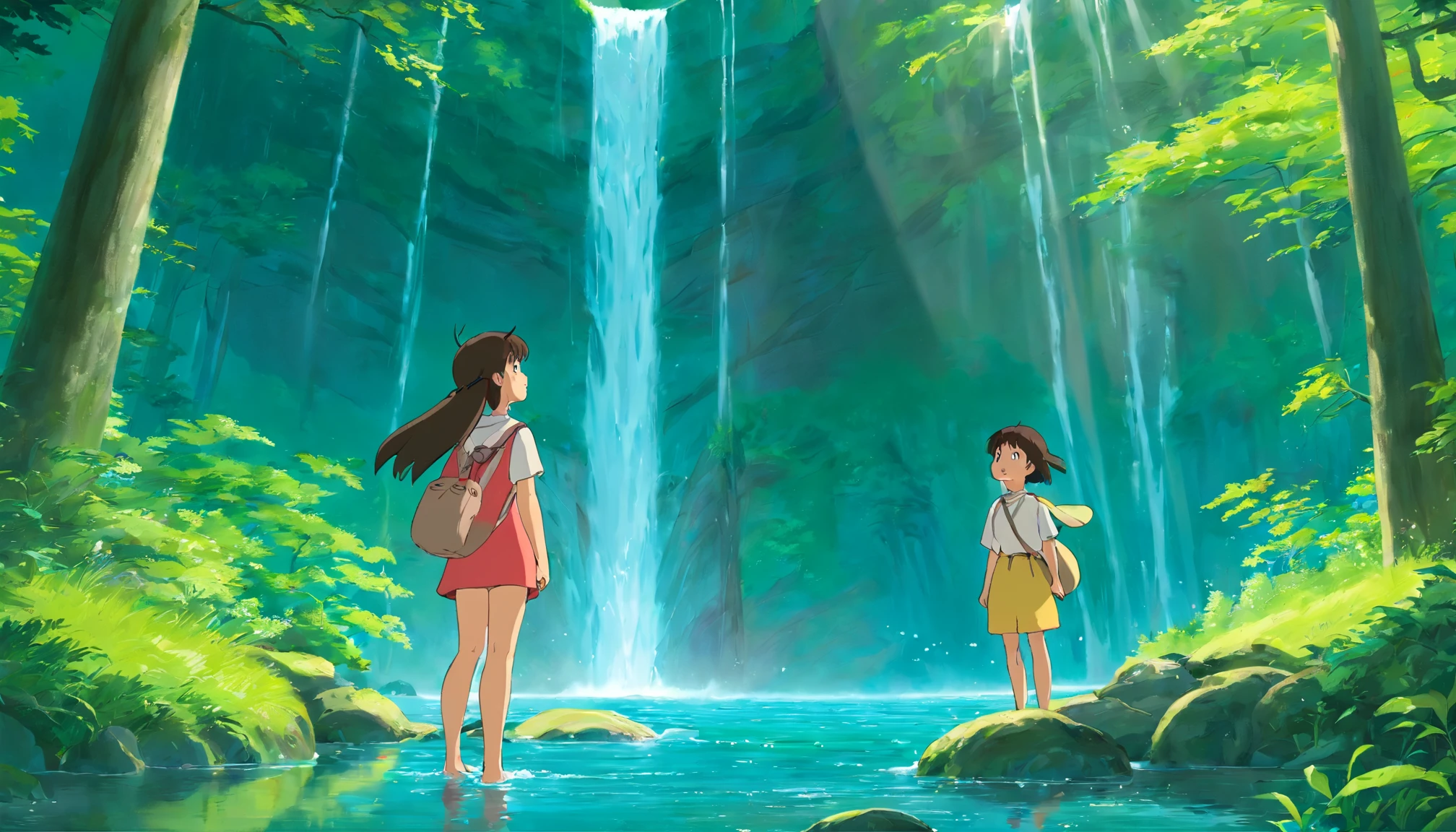 Satsuki and Totoro discovering a hidden waterfall in the heart of the forest, the water glistening with magical reflections, their expressions filled with awe and joy, Digital painting, realistic water effects and vibrant hues