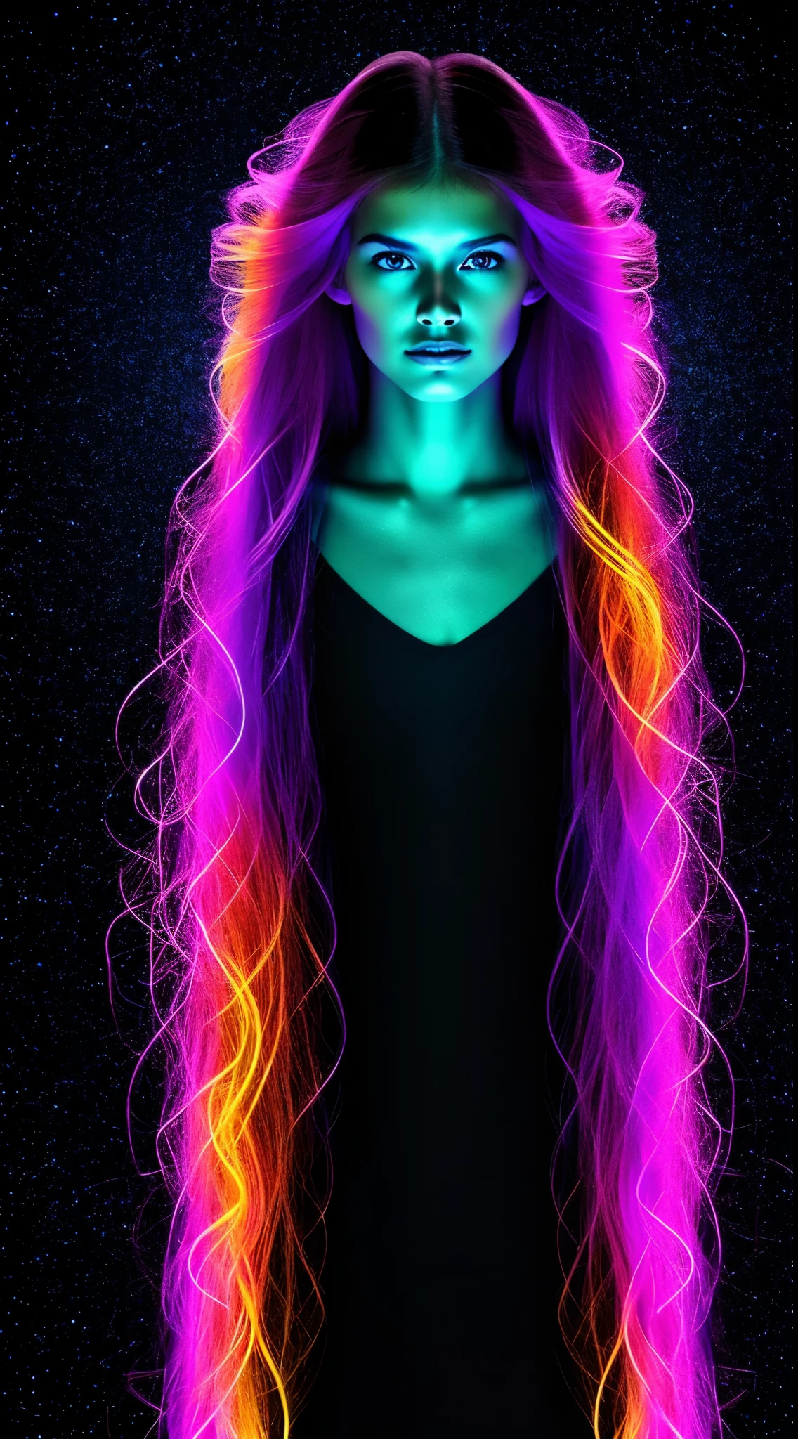 Outline of a Girl with long neon strands in her hair, body made of the galaxy endless, black background. Full body , front facing , eyes made of stars. Translucent