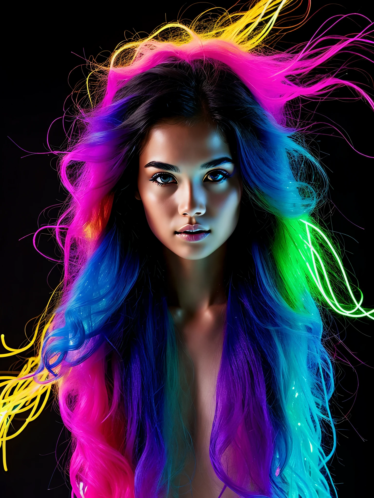 Outline of a Girl with long neon strands in her hair, body made of the galaxy endless, black background. Full body , front facing , eyes made of stars. Translucent