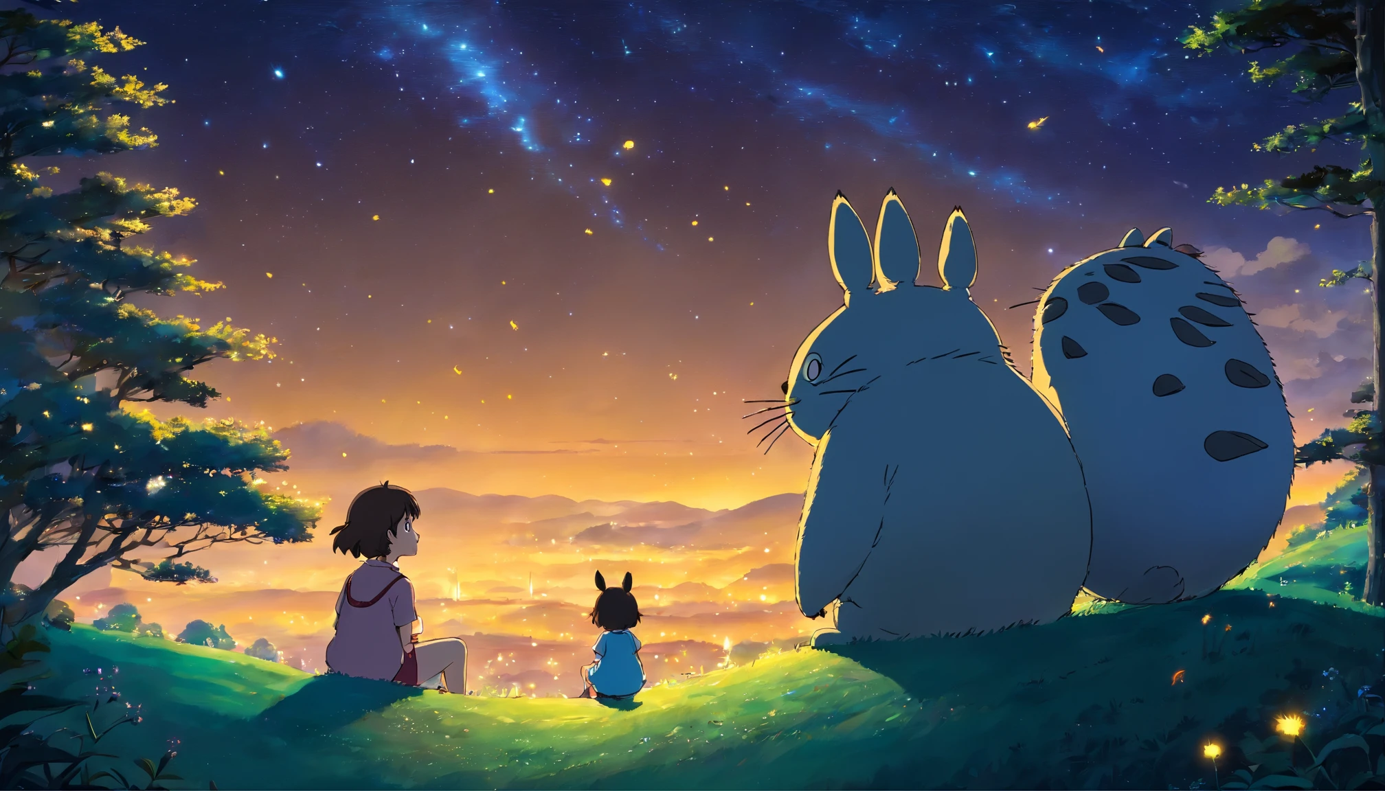A night scene with Satsuki and Totoro sitting on a hill, staring at the starry sky, fireflies dancing around them, creating a serene and dreamy atmosphere, Digital painting, soft glowing lights and a dark, starlit backdrop