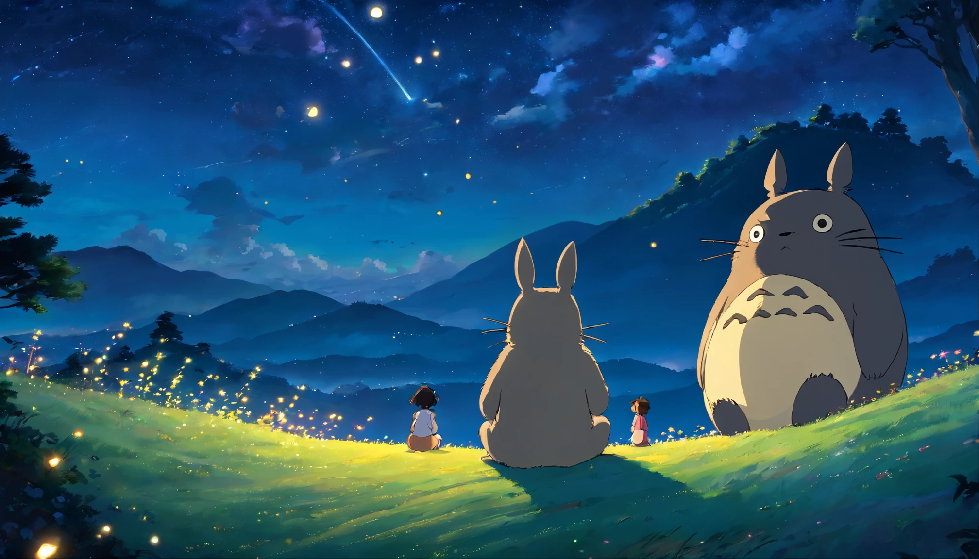 A night scene with Satsuki and Totoro sitting on a hill, staring at the starry sky, fireflies dancing around them, creating a serene and dreamy atmosphere, Digital painting, soft glowing lights and a dark, starlit backdrop