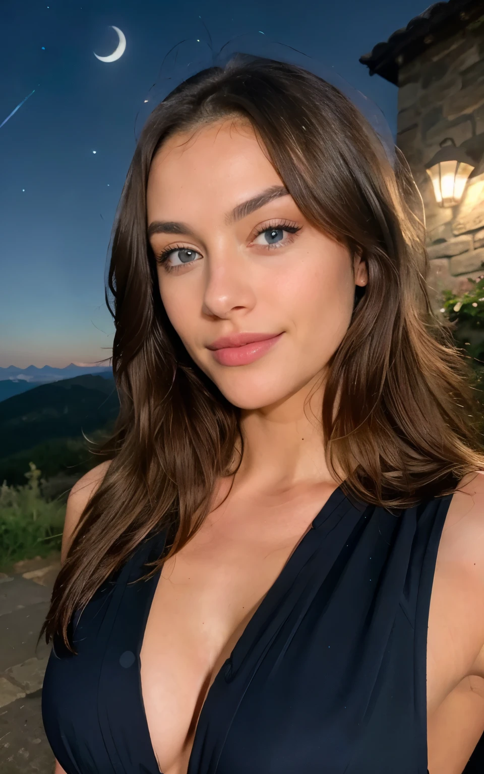 Selfie shot Beautiful brunette with blonde highlights wearing a selfie photo, upper body, solo, wearing drees , outdoors, (night), mountains, real life nature, stars, moon, highly detailed, 22 years old, , boobs, innocent face, natural wavy hair, blue eyes, high resolution, Masterpiece, Best quality, Intricate high detail, Highly detailed, Sharp focus, Detailed skin, realistic skin texture, texture, detailed eyes, professional, 4k, charming smile, shot on Canon, 85mm, shallow depth of field, Kodak Vision Color, Perfect Fit Body , extremely detailed, photography_\(ultra\), Photorealistic, Realistic, Post-processing, maximum details, roughness, real life, ultra realistic, Photorealism, photography, 8k UHD, photography, busty